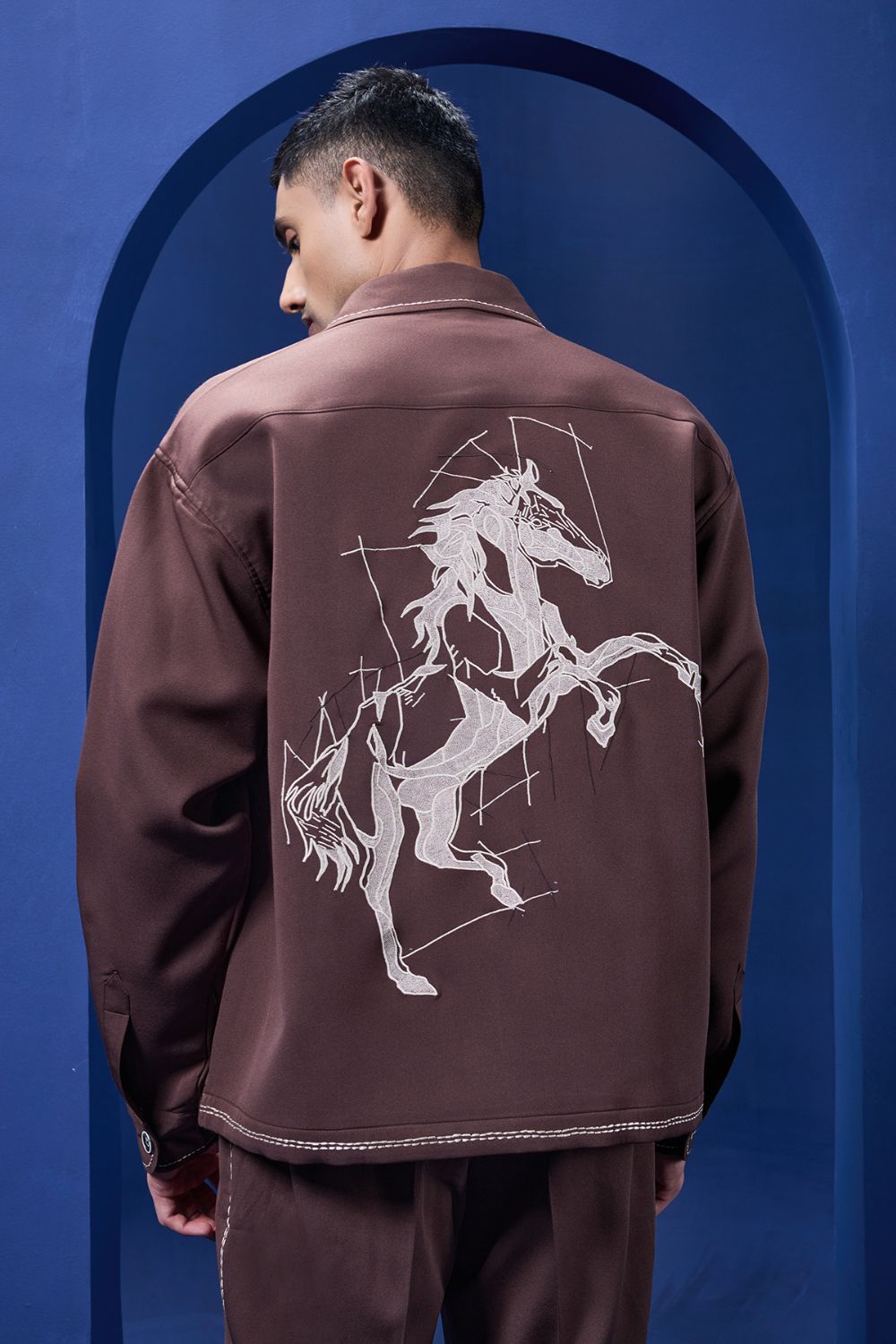 Brown cord set detailing with brown button and horse embroidery