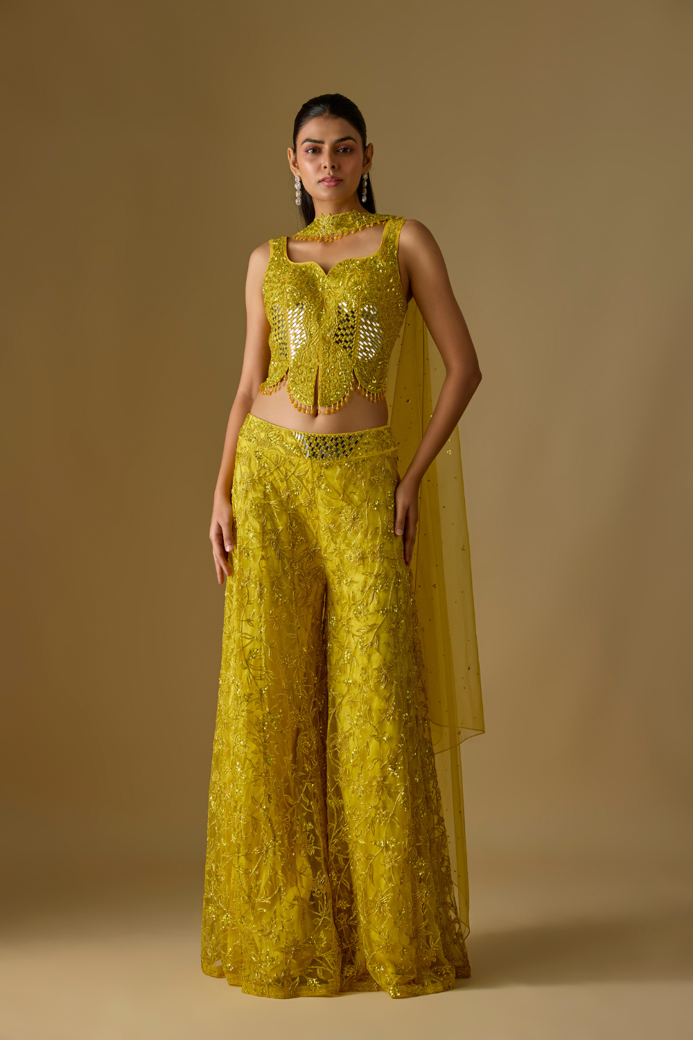 Sirena- Yellow Corset Blouse with Sharara and Dupatta Featuring Center Embroidery