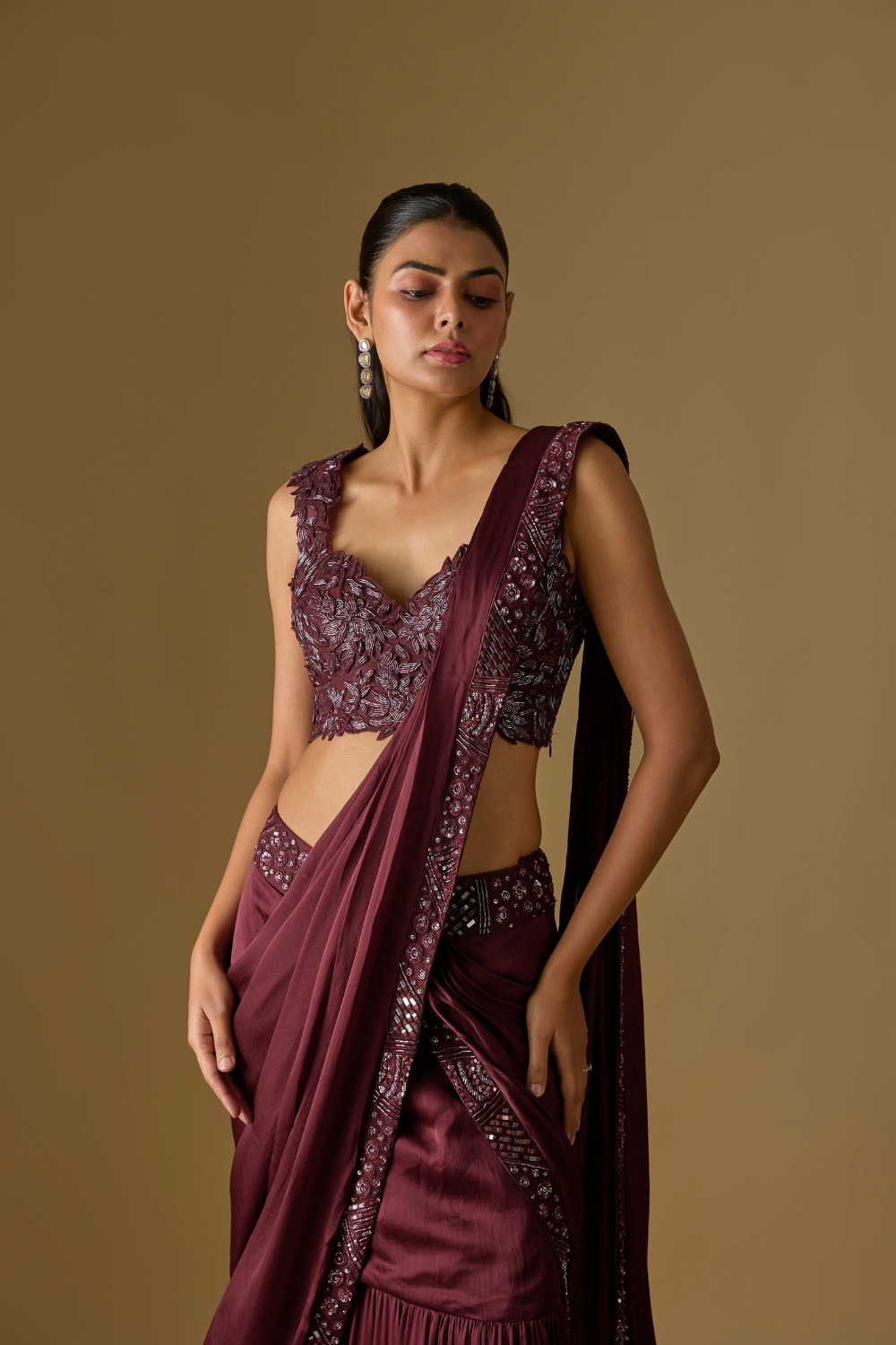 Baylin- Wine Pre-Draped Saree with Floral Blouse