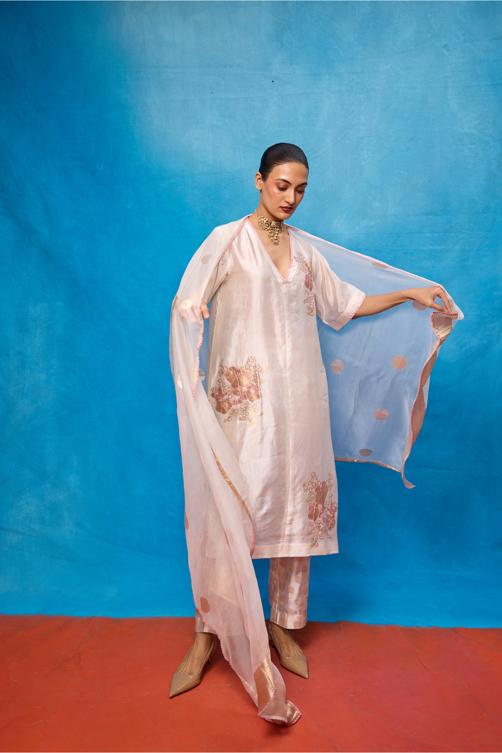 Handwoven Off-White Silk Banarasi Suit Set