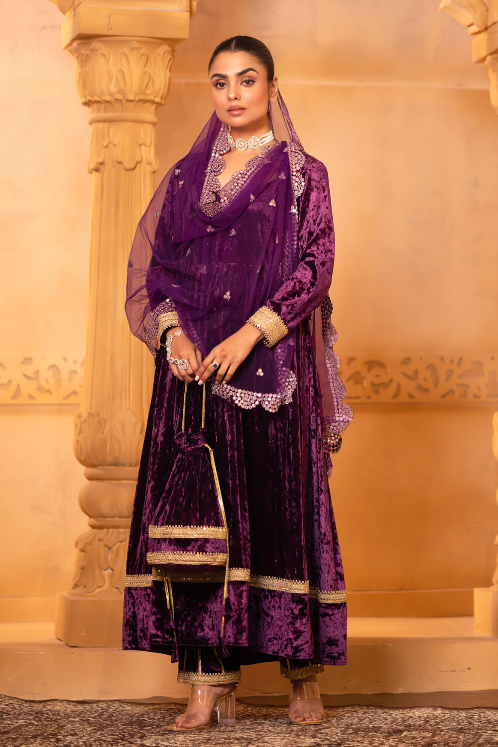 Plum Velvet Anarkali Set