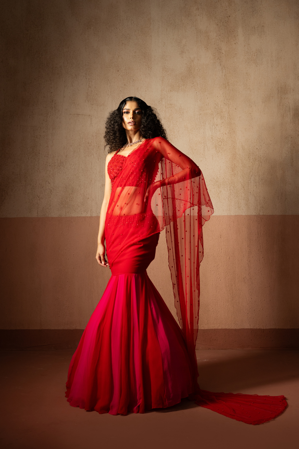 Fishtail style , red & fuschia pink coloured,  hand embroidered , net &georgette fishtail saree, concept saree