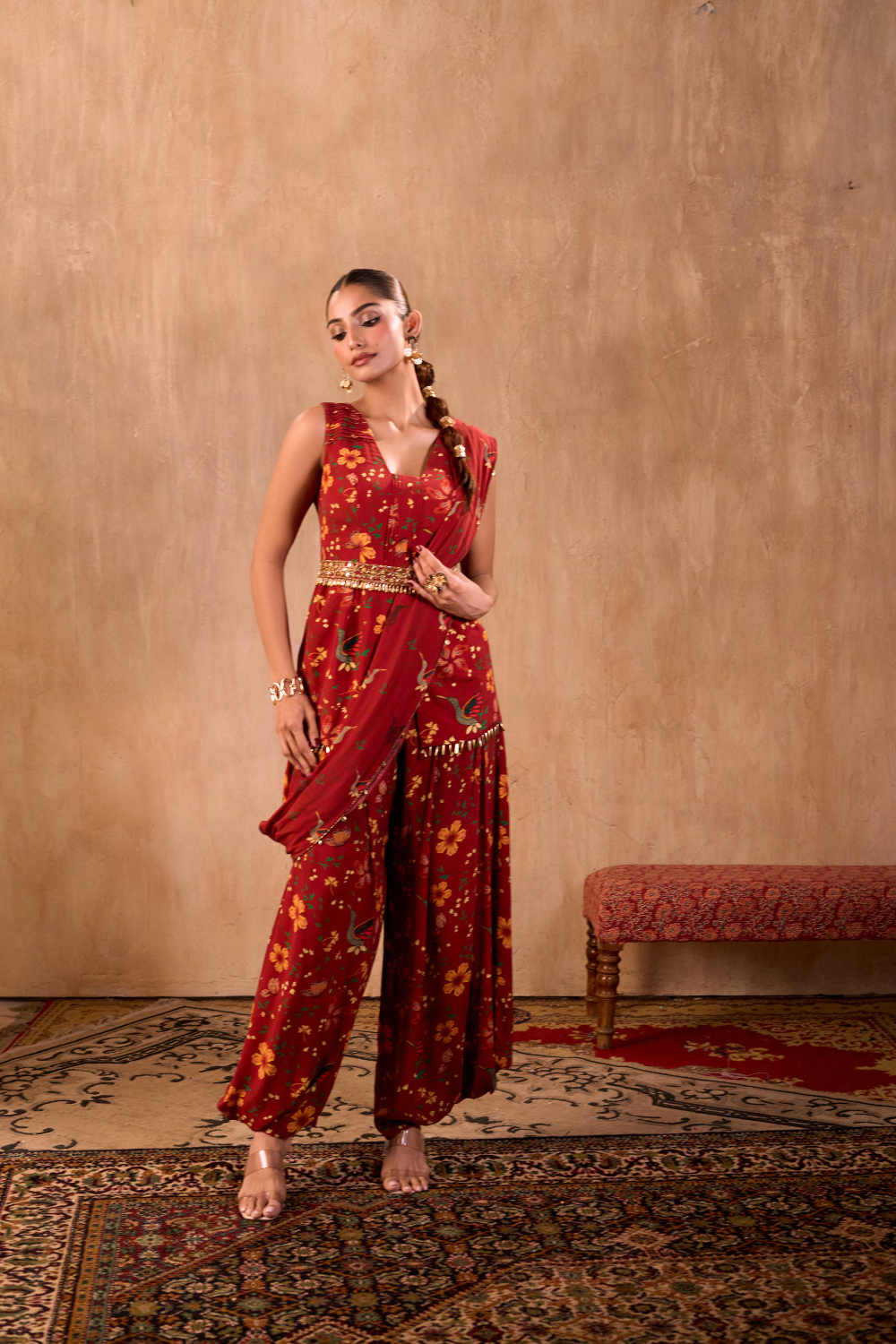 RED PRINT EMBROIDERED PEPLUM TOP, DRAPED PANTS, DRAPE AND BELT SET
