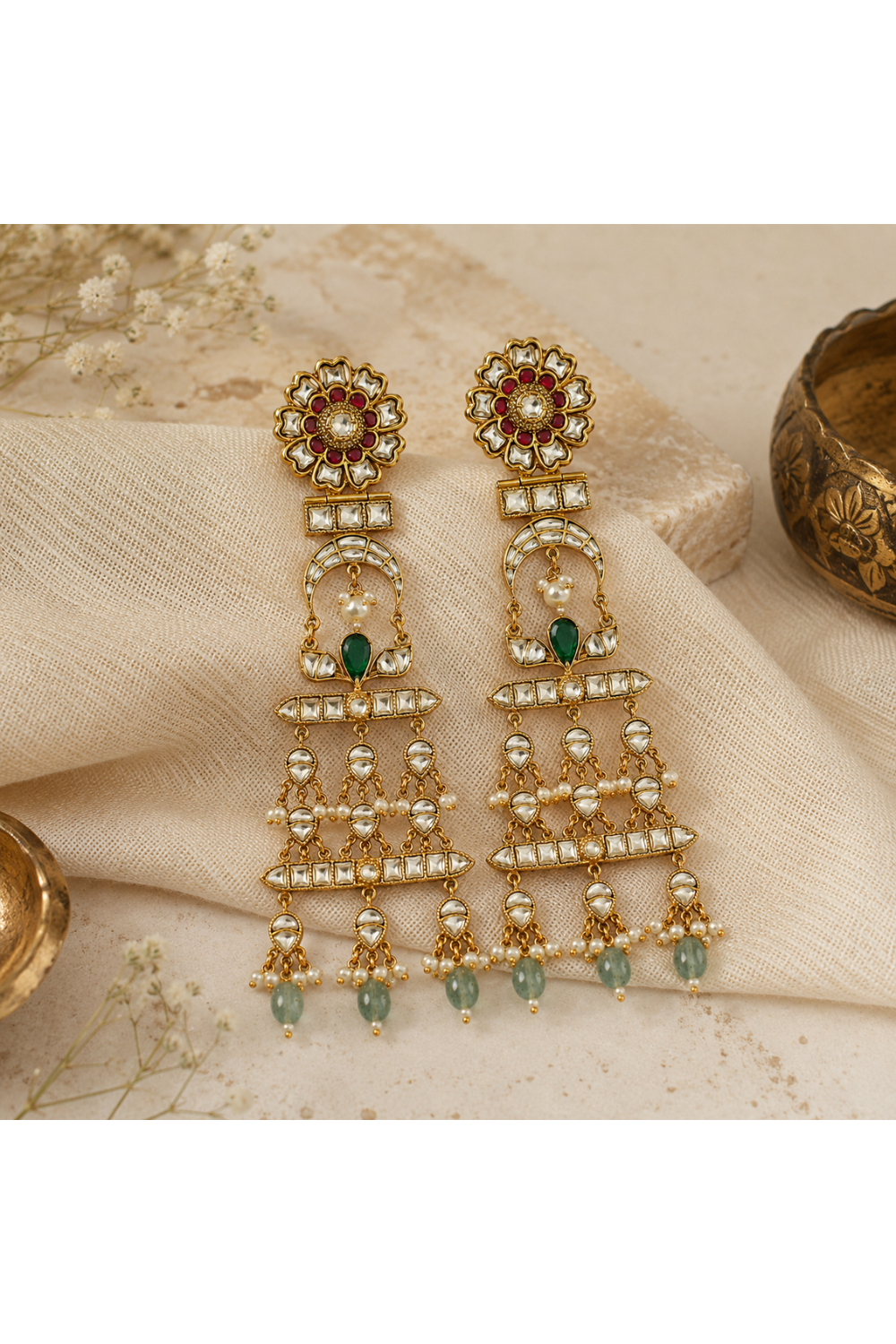 Multicolour Kundan Pearl Drop Statement Earrings