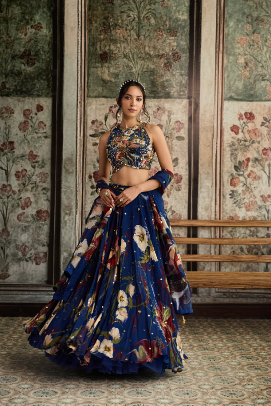 BLUE FLORAL PRINT AND HIGHLIGHTED LEHENGA SET