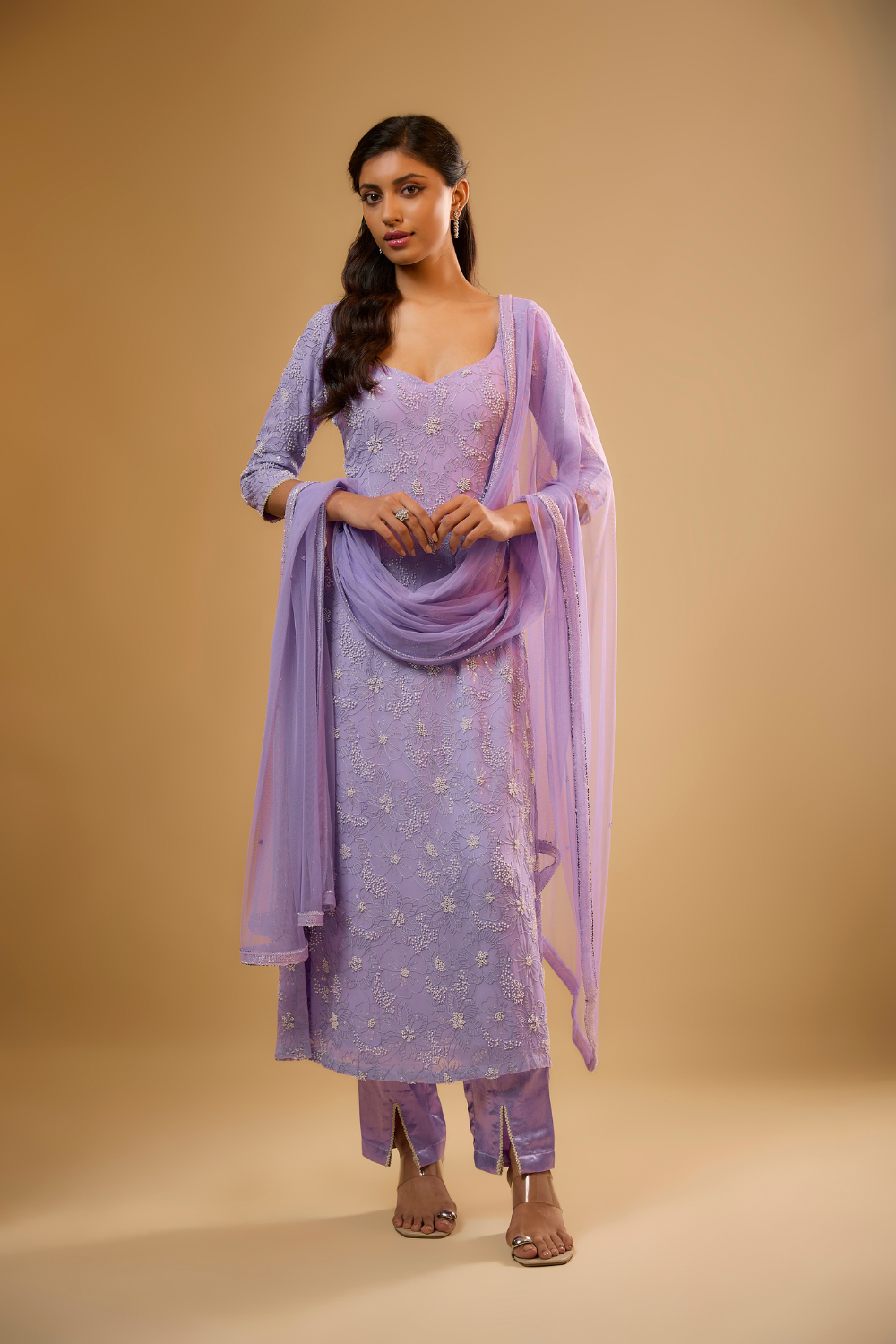 Lavender georgette kurta pants set embroidered with sequins, glass beads & threadwork