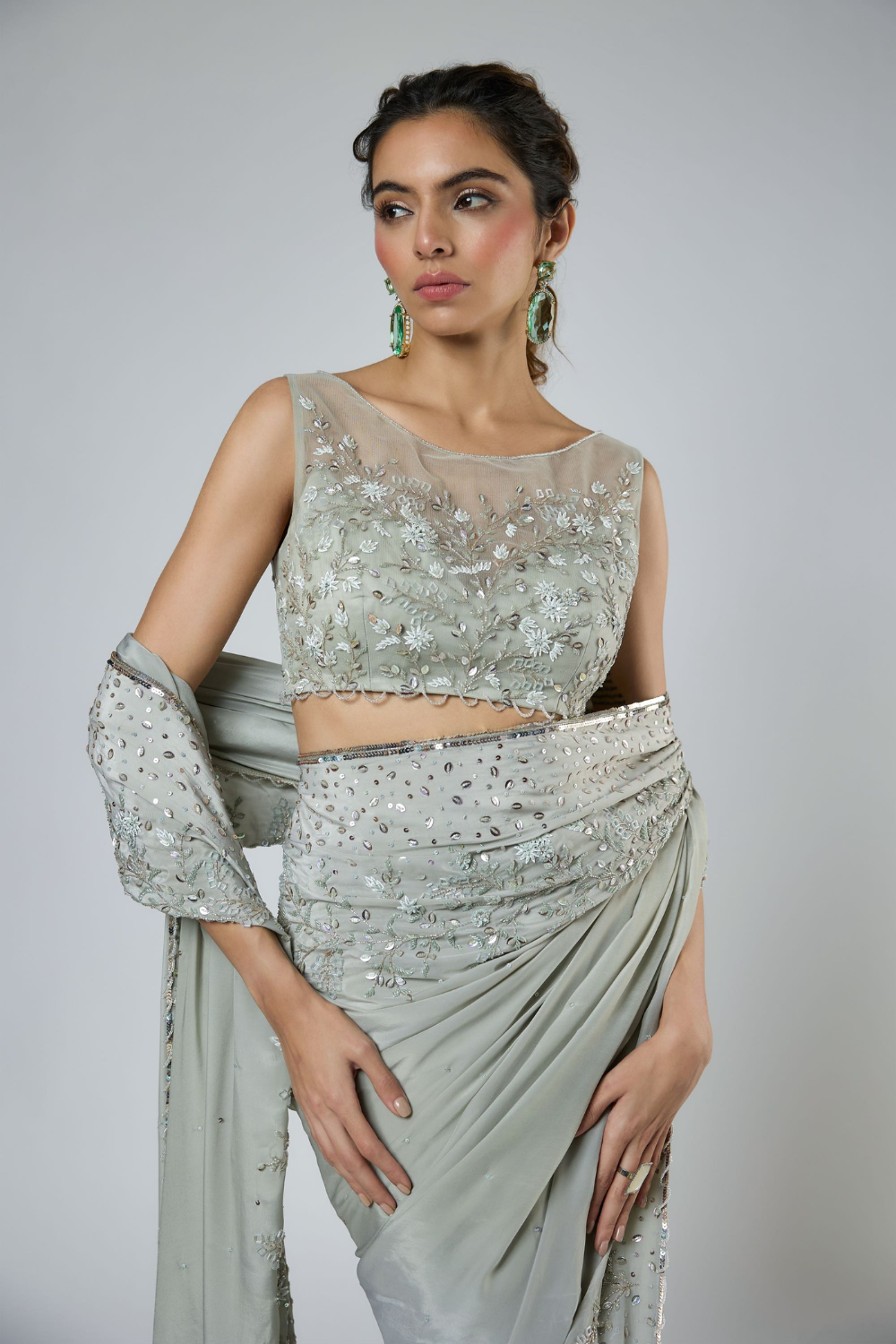 DUSTY GREEN HEAVY INTRICATE FLORAL EMBROIDERED SAREE SET