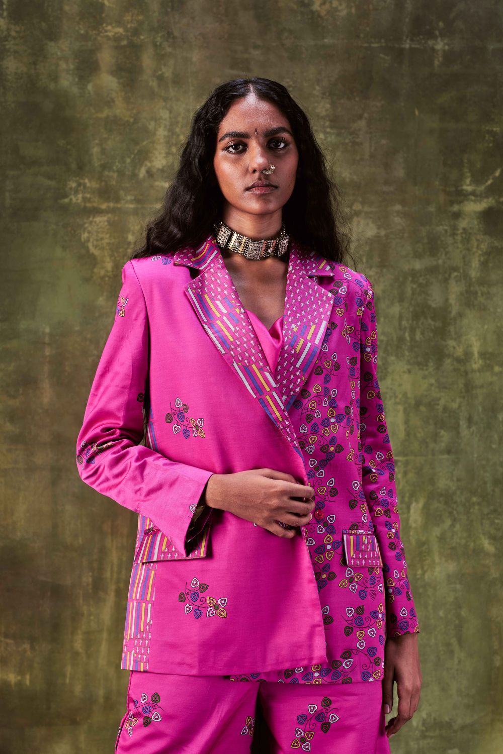 Printed Jacket With Cowl Neck Top Paired With Wide Leg Pants
