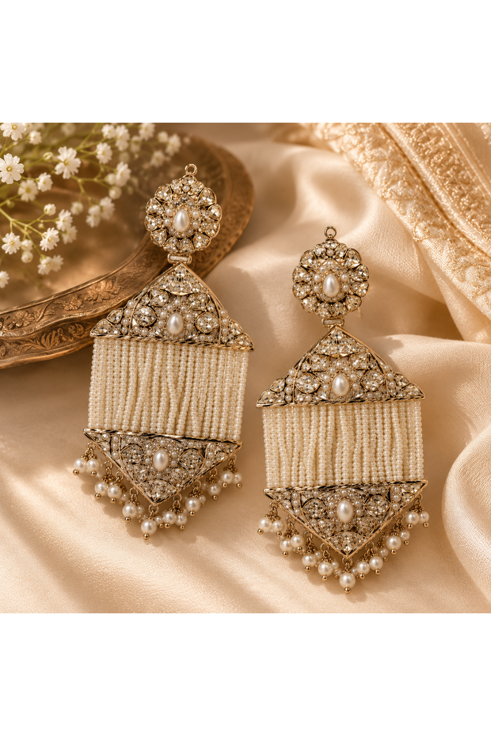 Jadau Pearl Tassel Statement Earrings