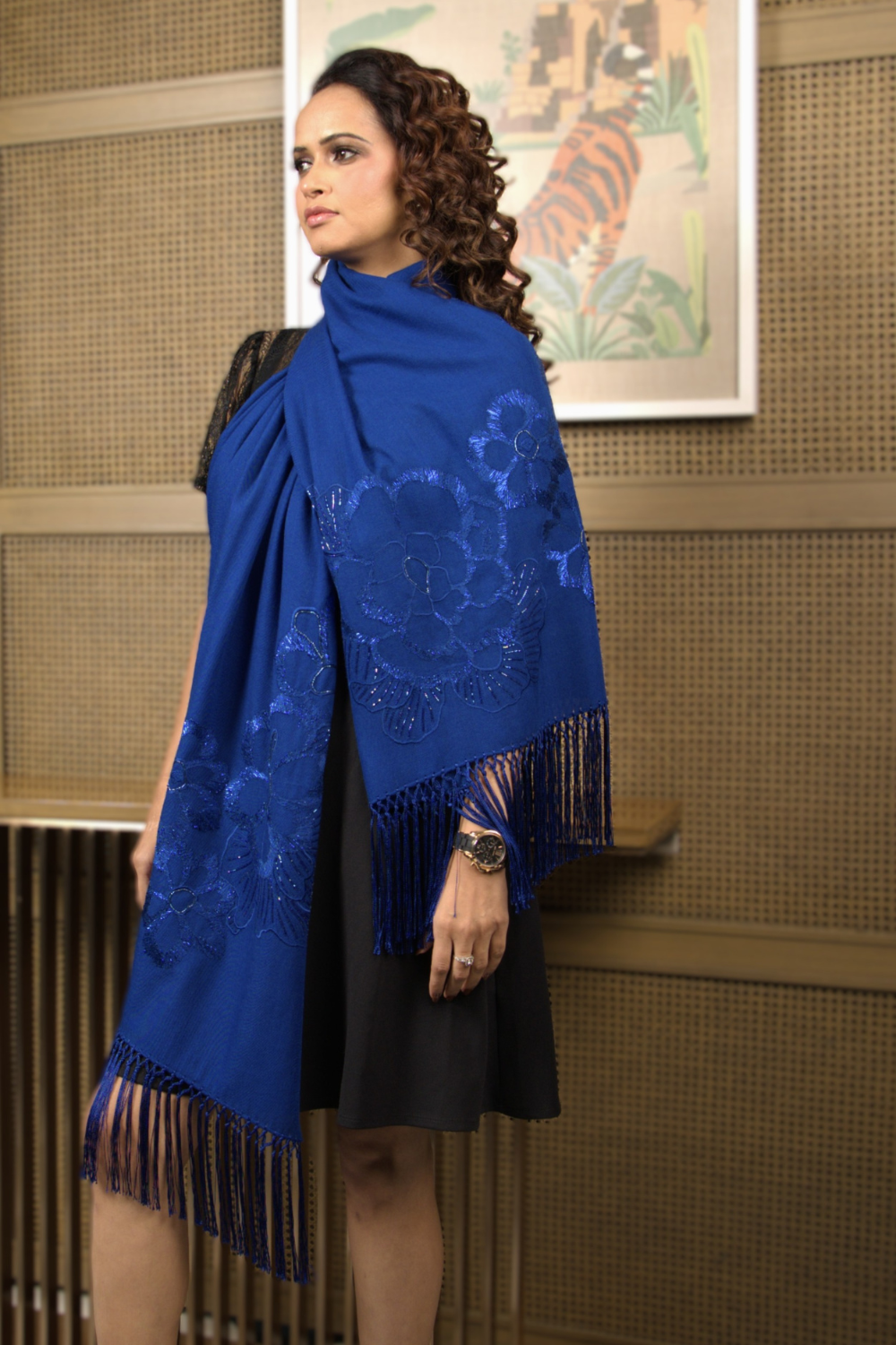 Shimmy Shimmer | Embroidered Wool Silk Stole – True Blue