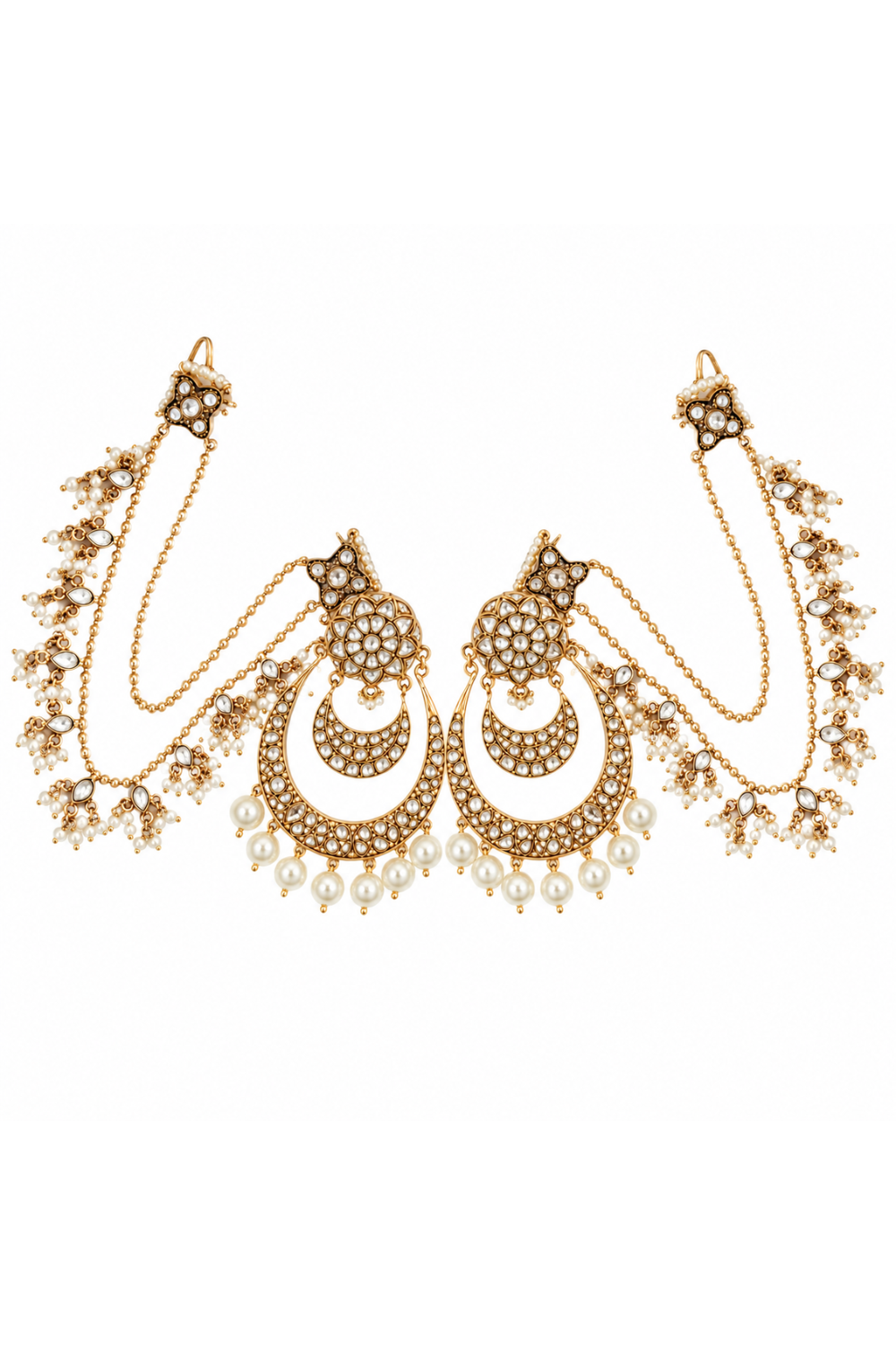 Kundan Pearl Chandbali Earrings with Ear Chains