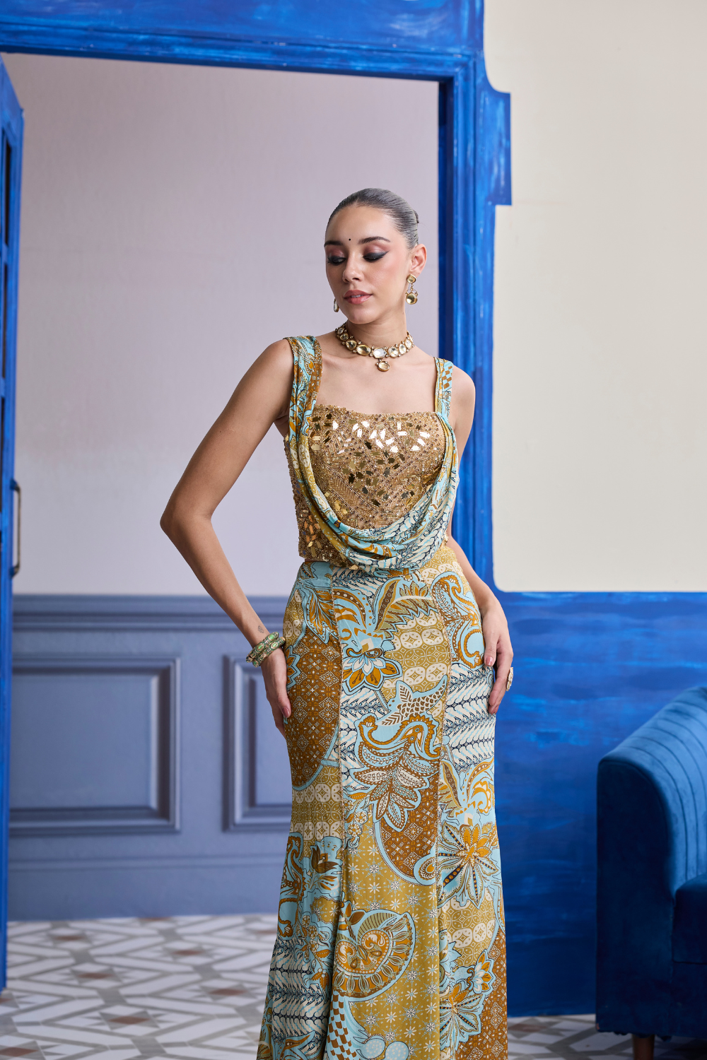 Gold Embroidered Corset with Floral Cowl & Mermaid Skirt Set