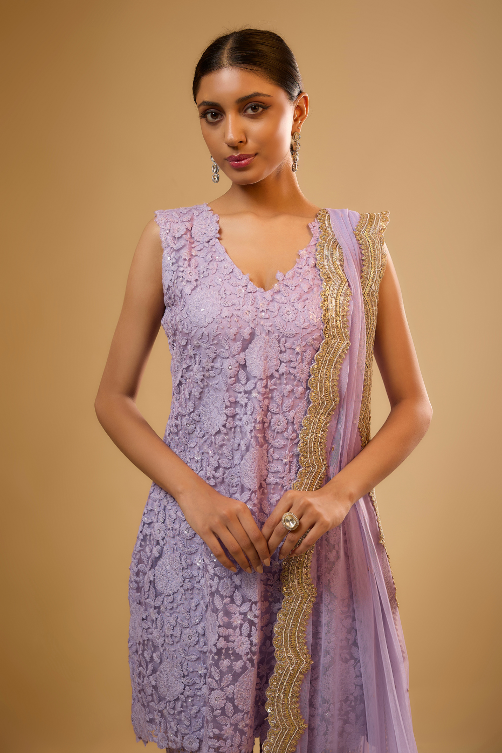 Lavender net kurta sharara set embroidered with sequin and threadwork