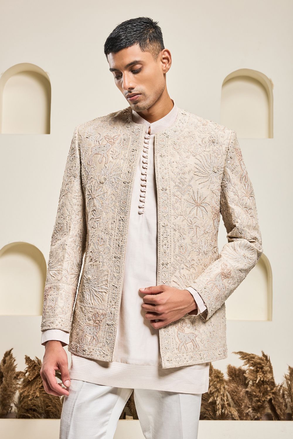 Dusty rose open bandhgala   with thread , sequins & pearl  work