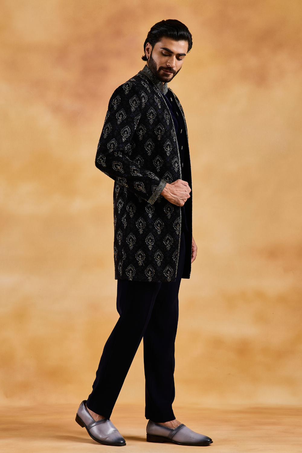 Navy Velvet Open Jacket with Bundi and Pant