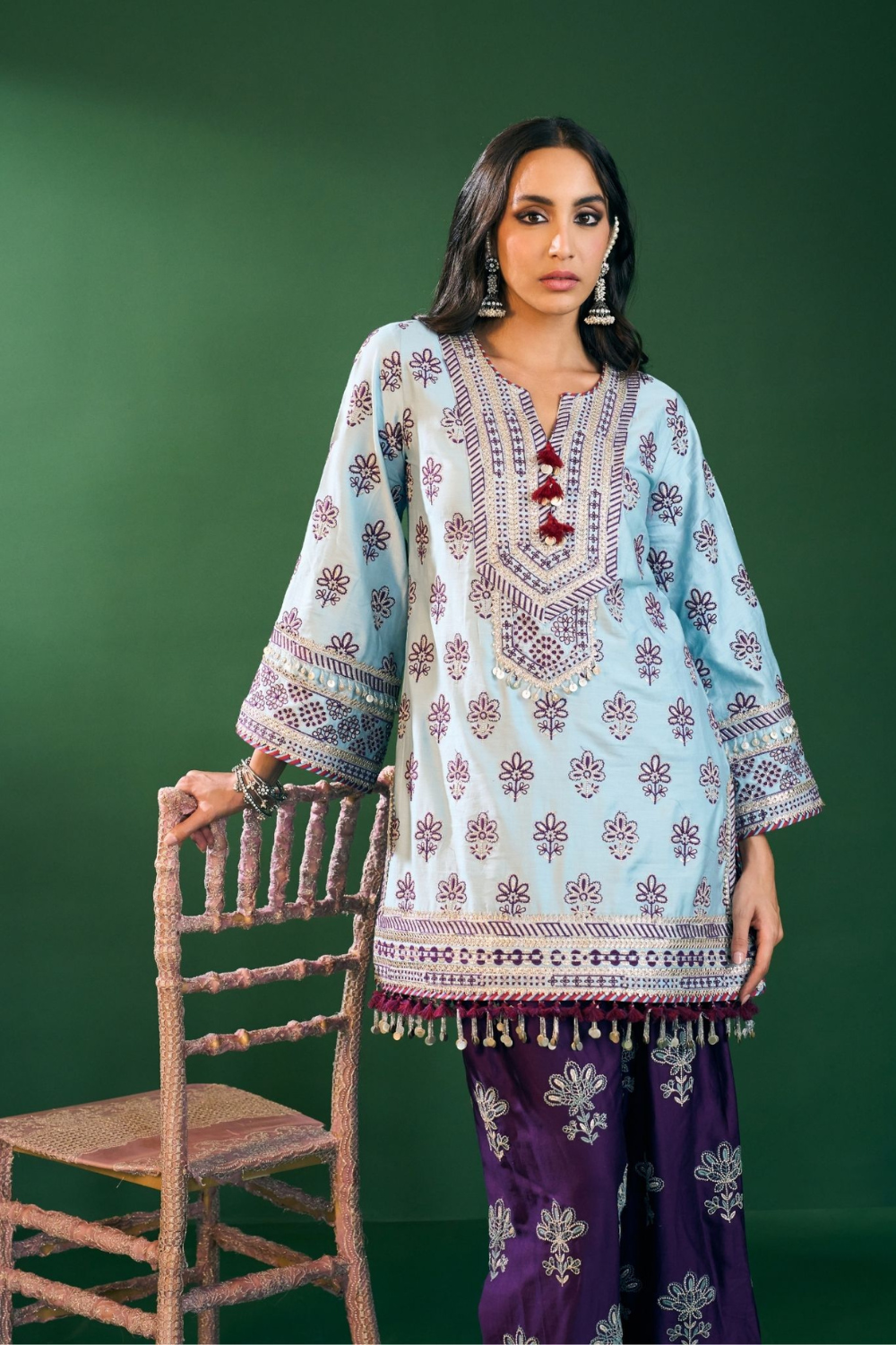 Lani Pima Satin Sky Blue Kurta with Farshi Salwar