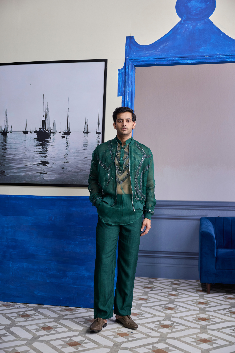 Dark Green Organza Kurta with Embroidered Organza Bomber Jacket Paired with Solid Pants