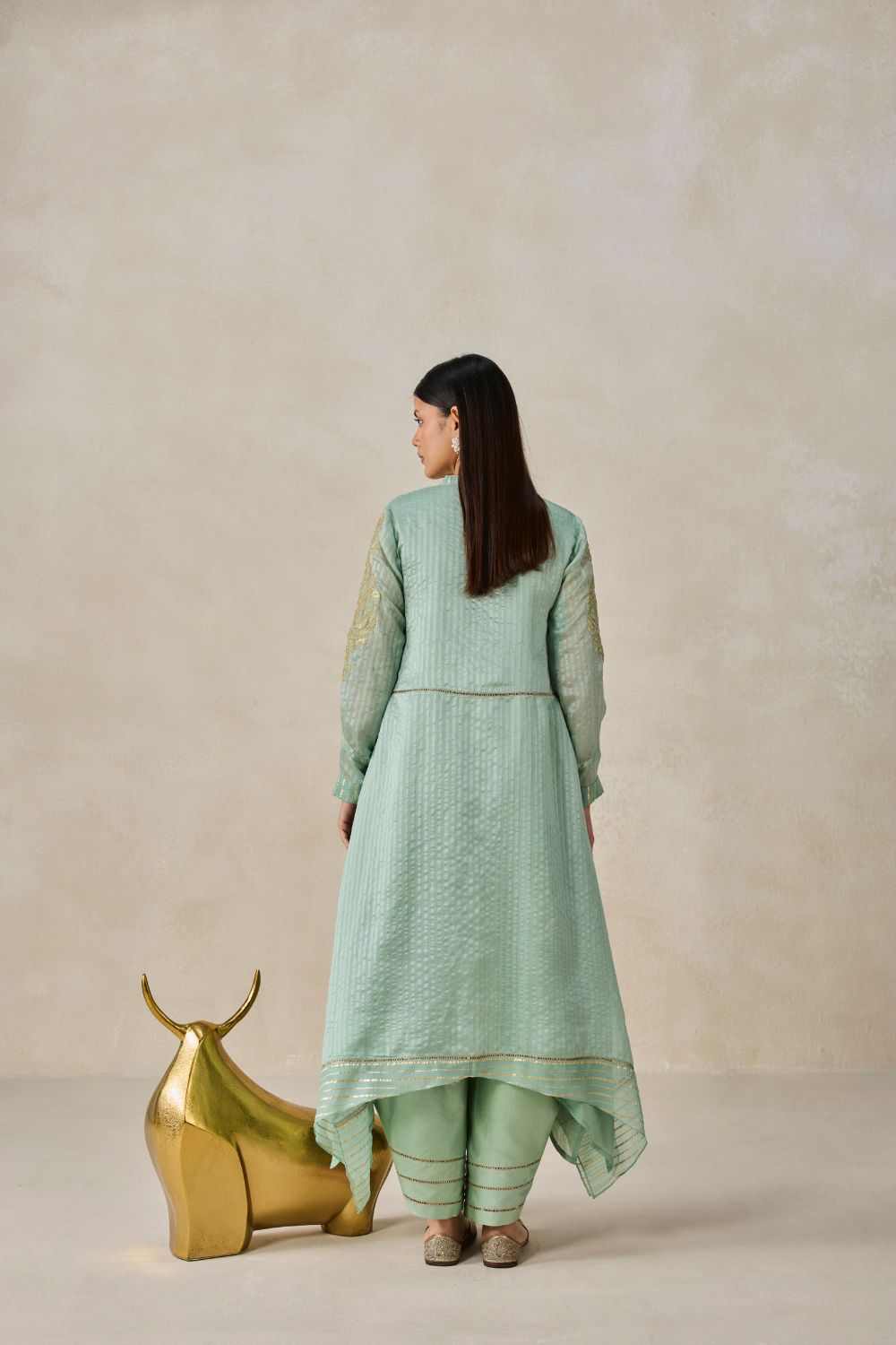 Chanderi Front Open Assymetrical Kurta With Pant