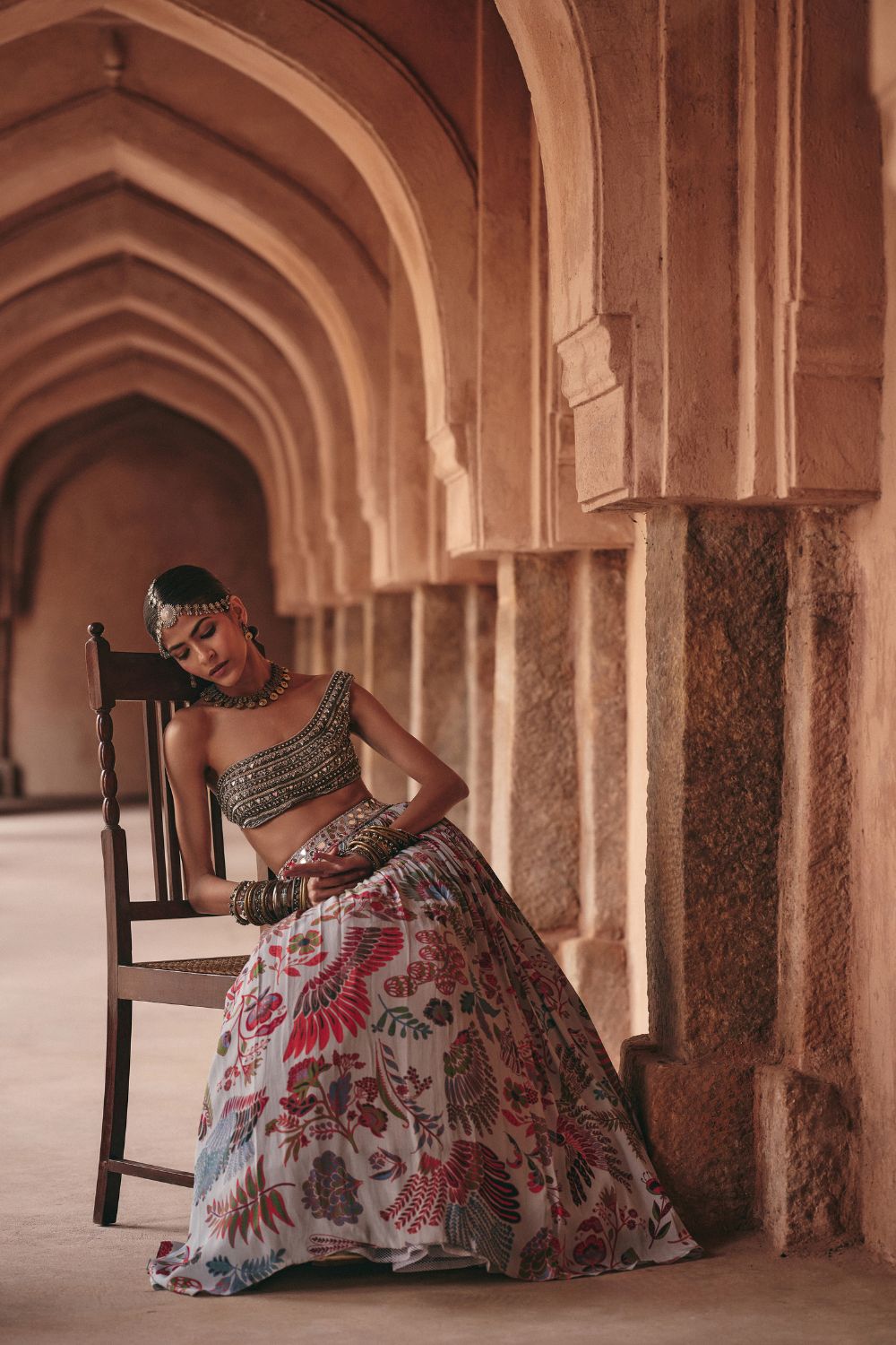 SLATE GREY EMBROIDERED BLOUSE WITH PRINTED LEHENGA SET