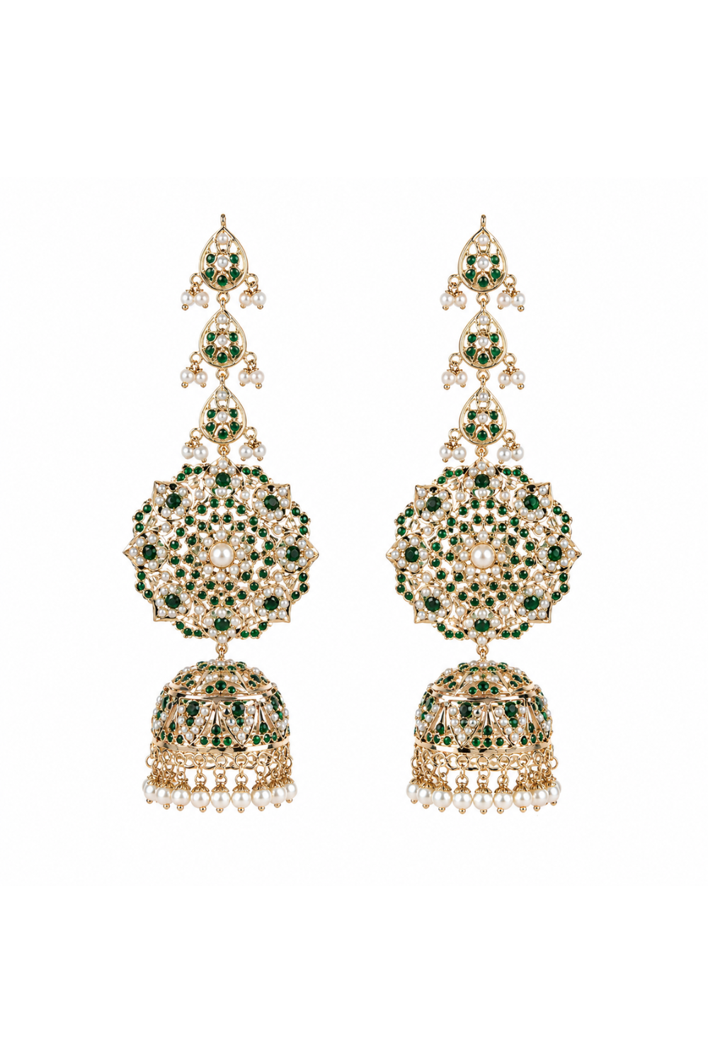 Emerald Green Stone Jadau Pearl Jhumka Earrings