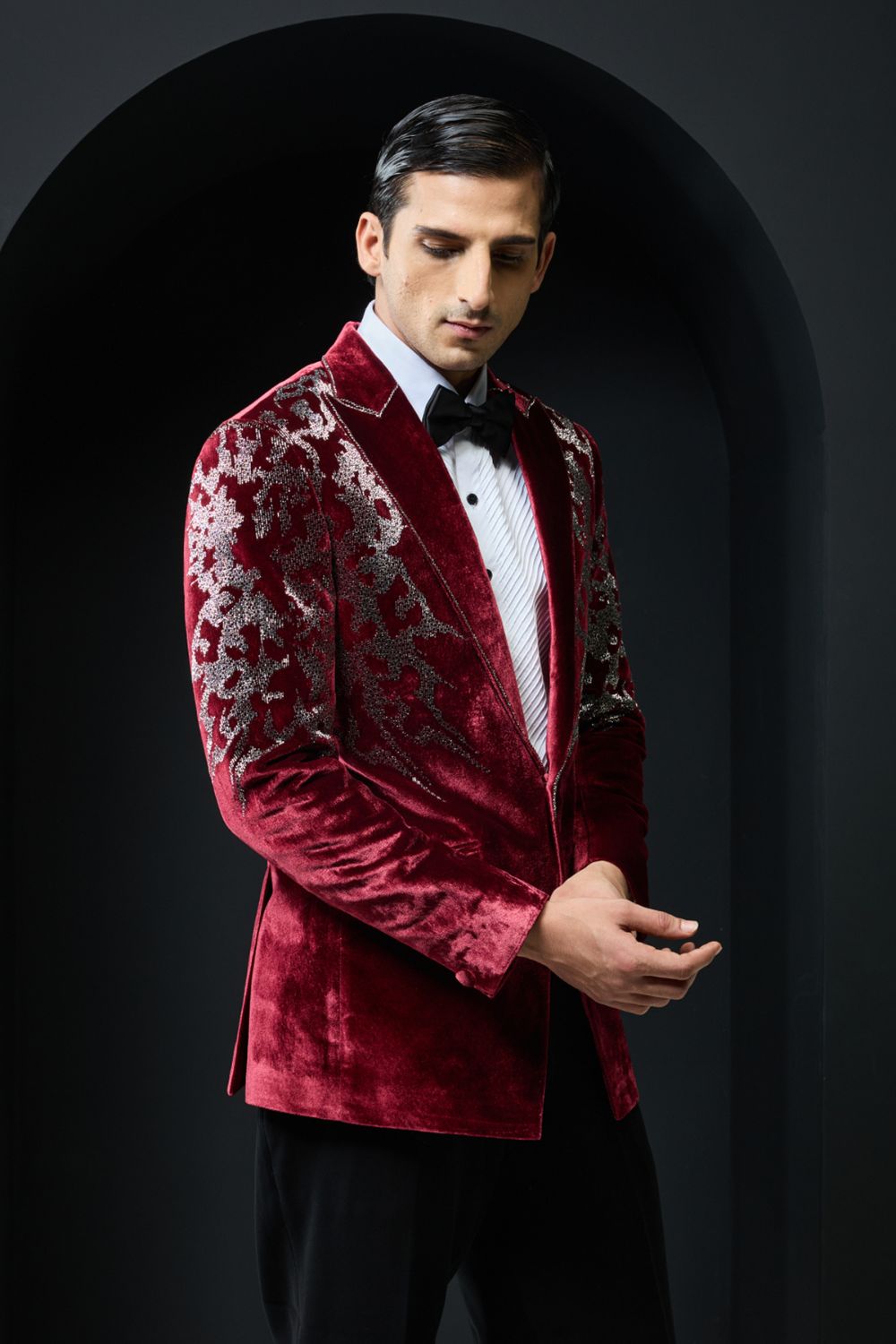 Wine tuxedo highlighted with cutdana