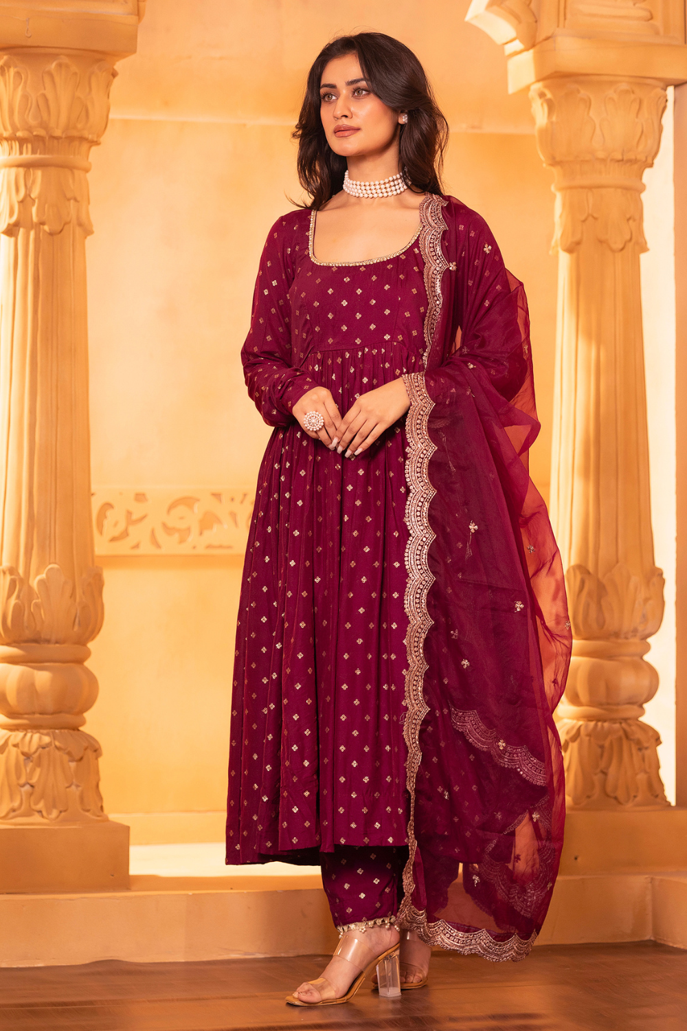 Wine Anarkali Set