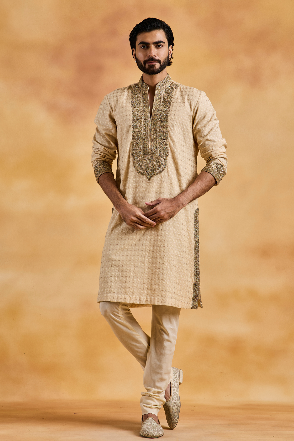 Beige Chanderi Booti Kurta Churidar Set