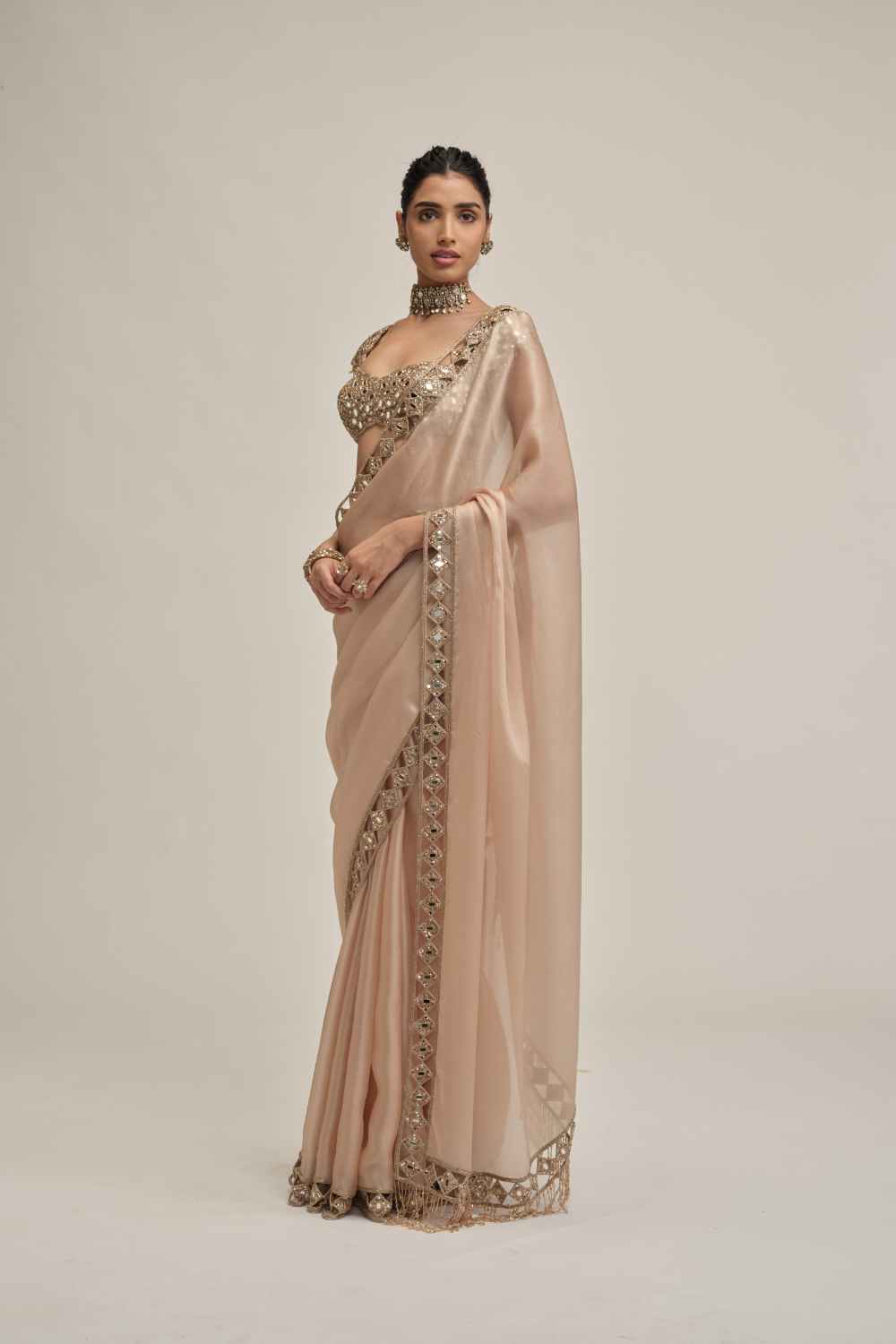 Light Beige Diamond Cutwork Border Saree Set