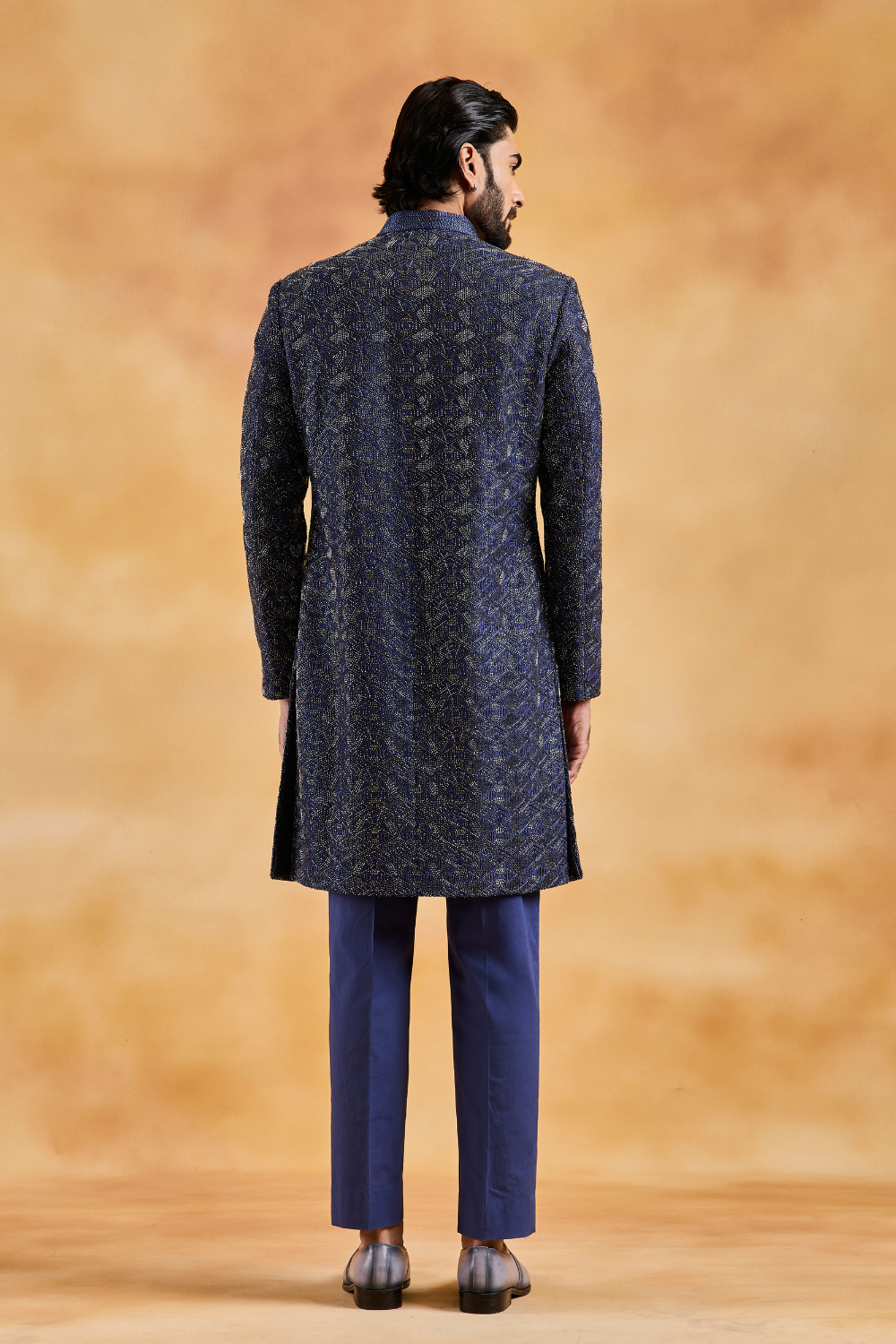 Navy Blue Sherwani Kurta Trouser Set