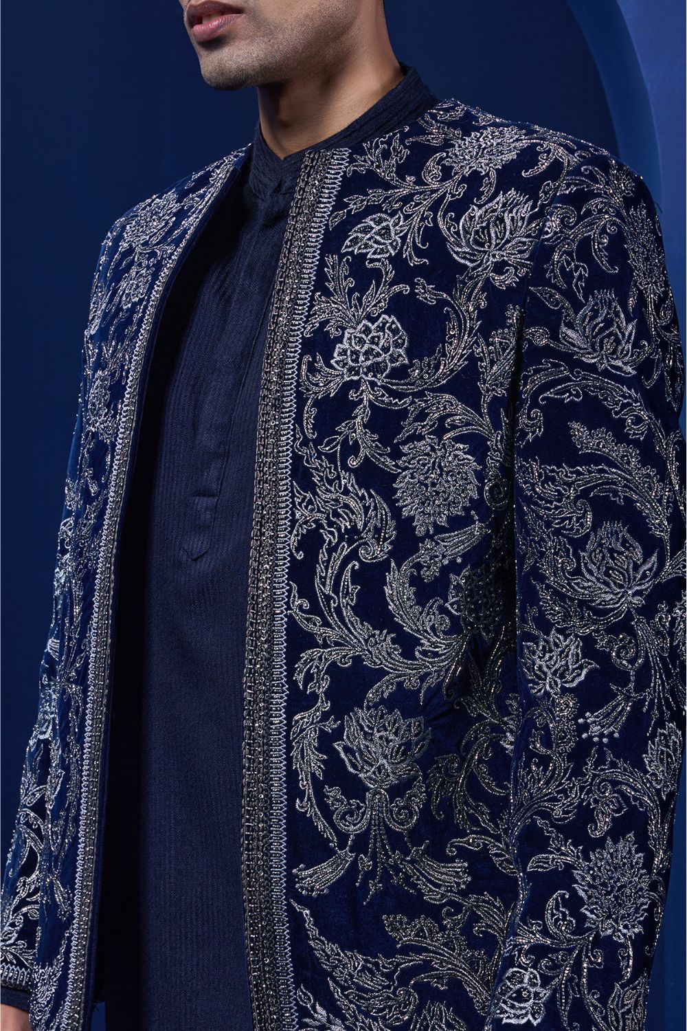 Navy Blue open bandhgala   with silver zari , sequins & pearl  work