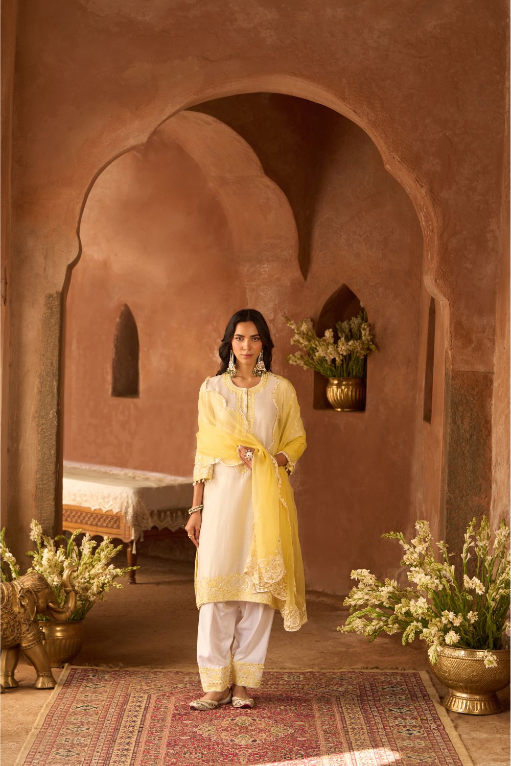 ANAM - DAISY IVORY WITH LEMON YELLOW A-LINE KURTA WITH SALWAR AND DUPATTA