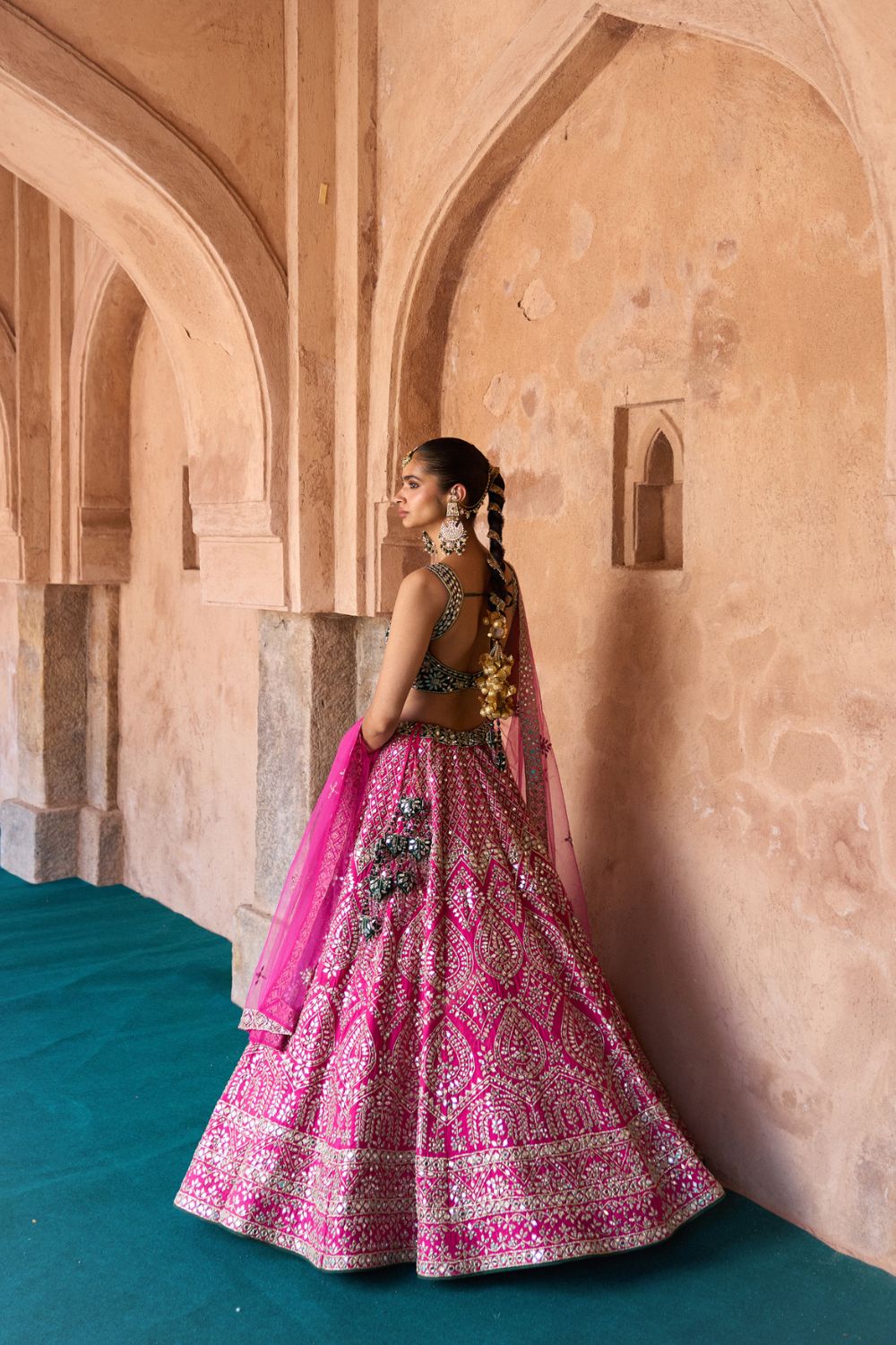 JYOT — Fuchsia Pink Raw Silk Lehenga Set with Contrast Blouse