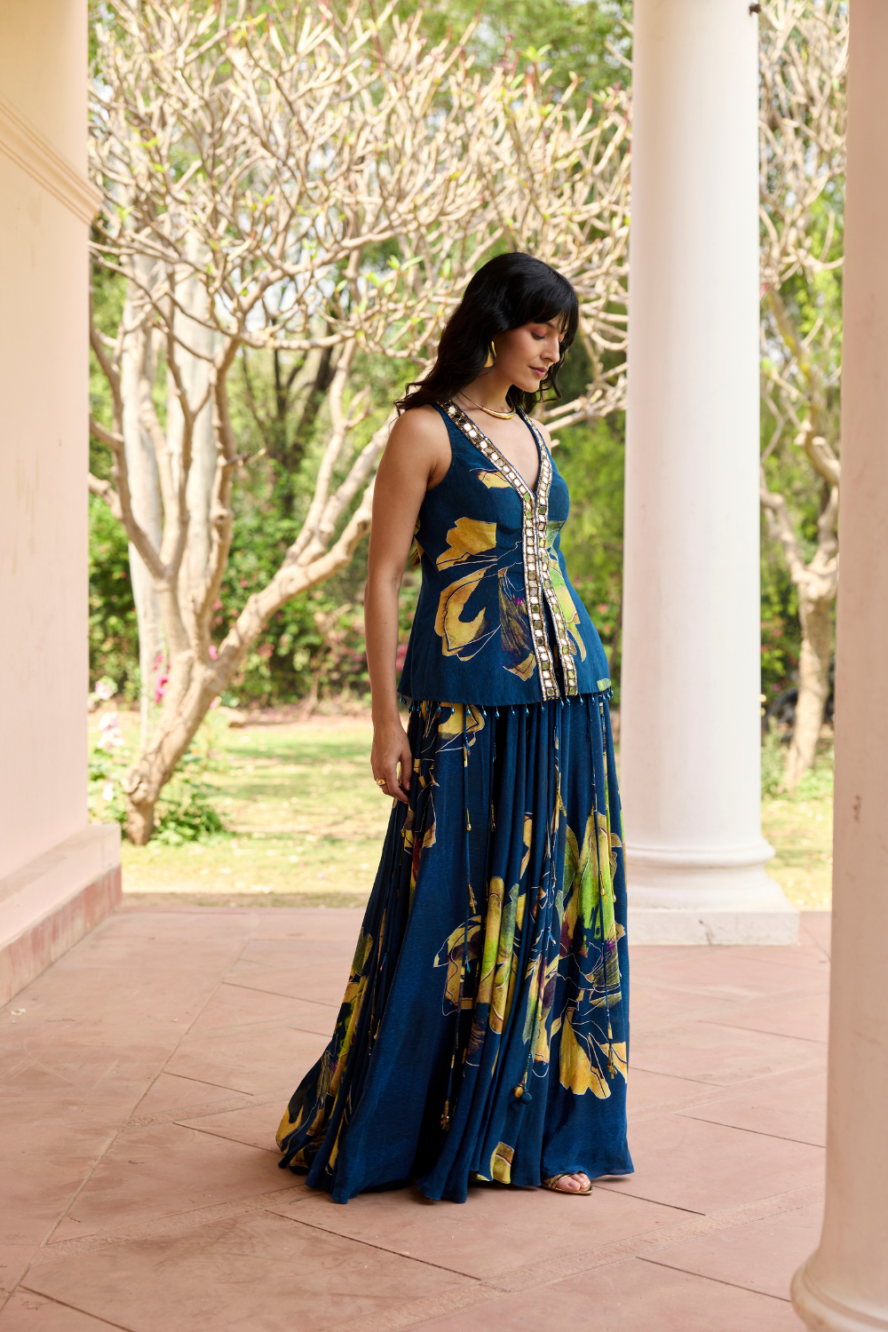 NAVYGOLD FLORAL PRINTED LEHENGA SET