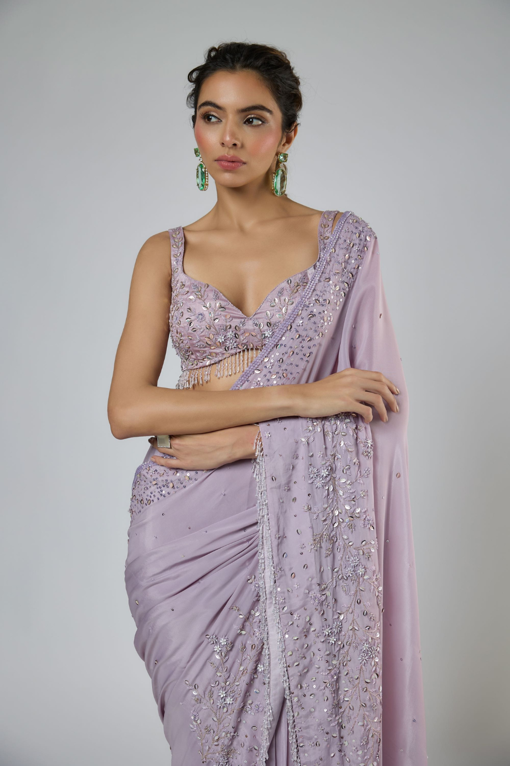 Dusty Lilac Heavy Intricate Floral Embroidered Saree Set