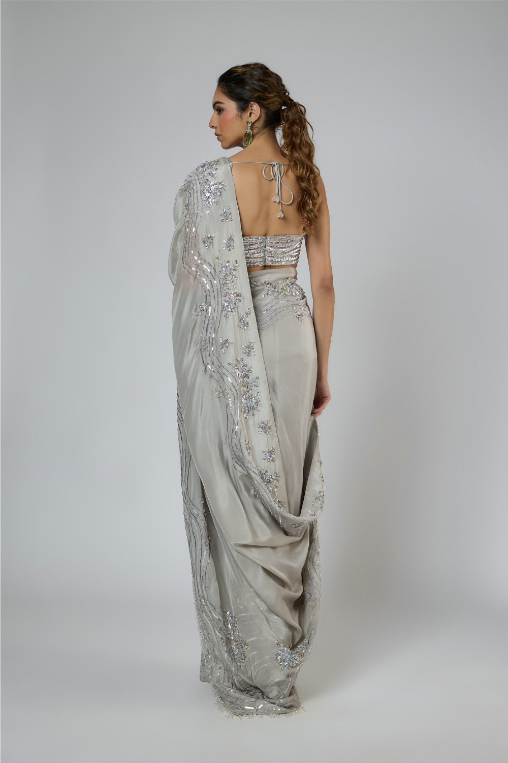GREY HEAVY INTRICATE EMBROIDERED SAREE SET