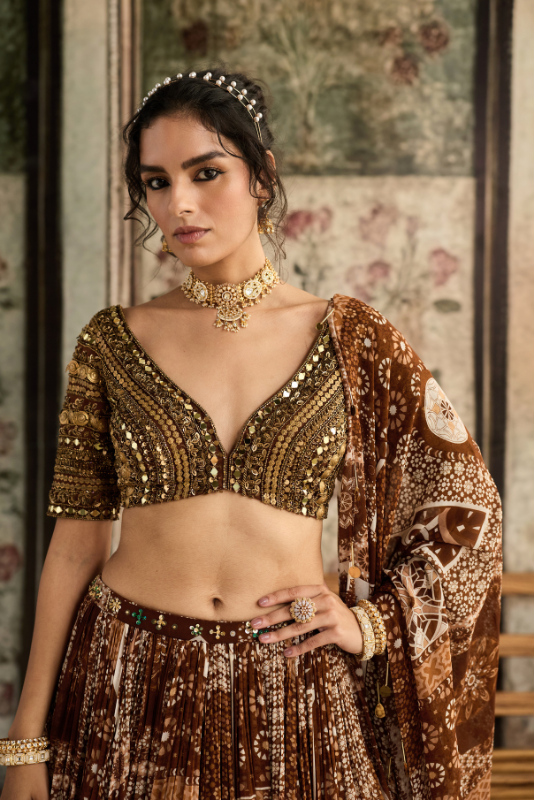 CARAMEL METALLIC EMBROIDERED BLOUSE  AND  CARAMEL PRINTED LEHENGA SET