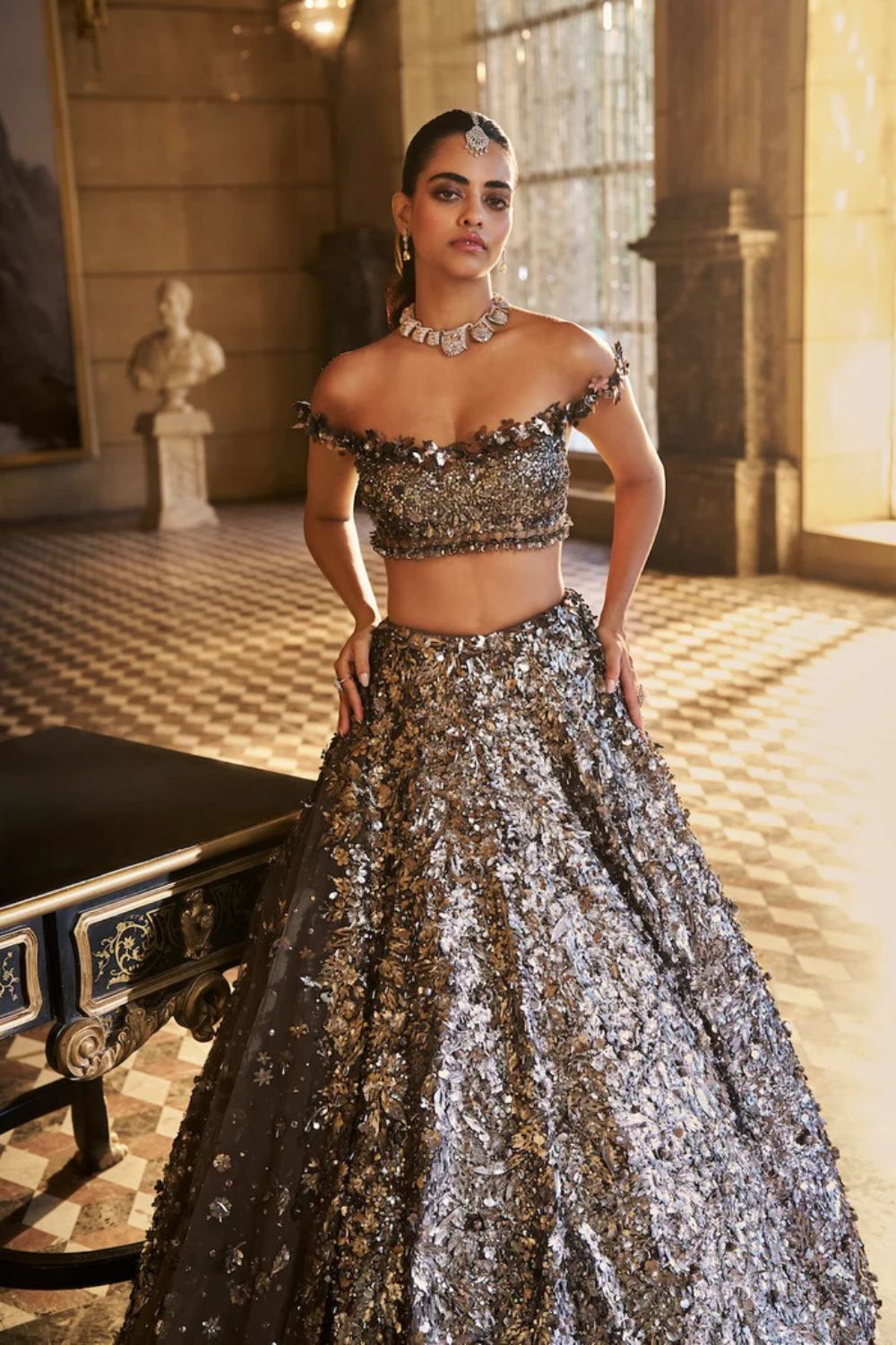 Metallic Silver 3D Lehenga Set