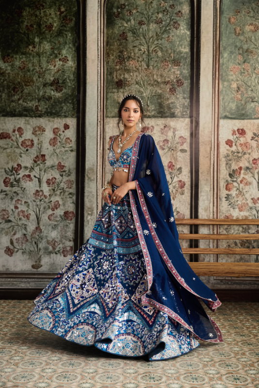 TEAL PRINT AND AND HIGHLIGHTED LEHENGA SET