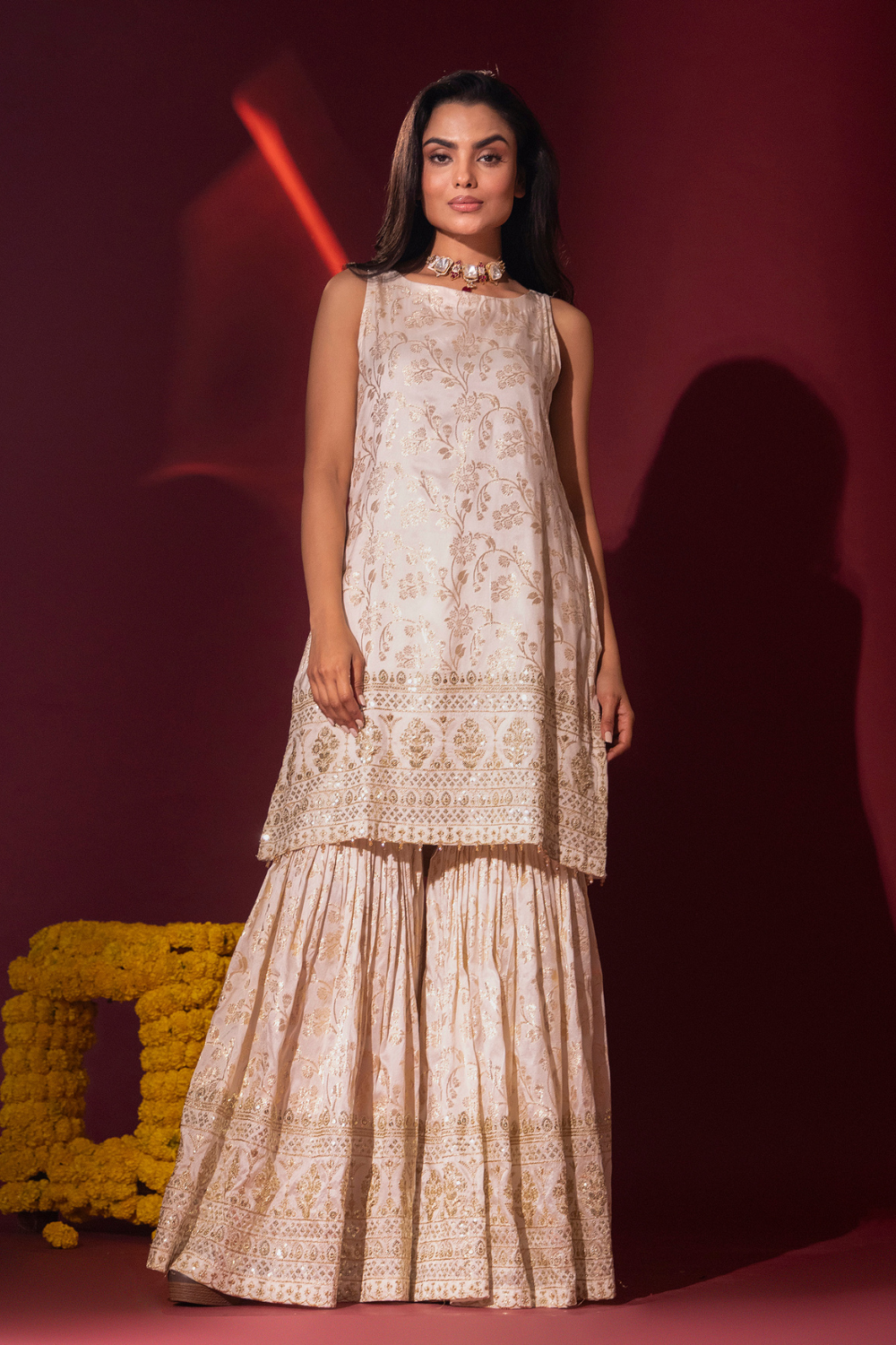 Ivory Brocade Kurta and Gharara with dupatta