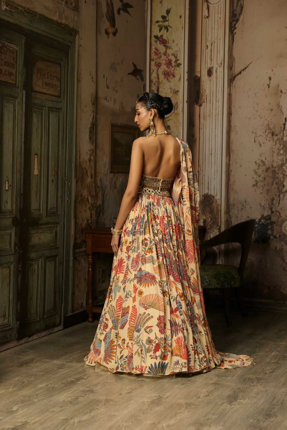 BEIGE EMBROIDERED BLOUSE WITH PRINTED AND EMBROIDERED LEHENGA SET