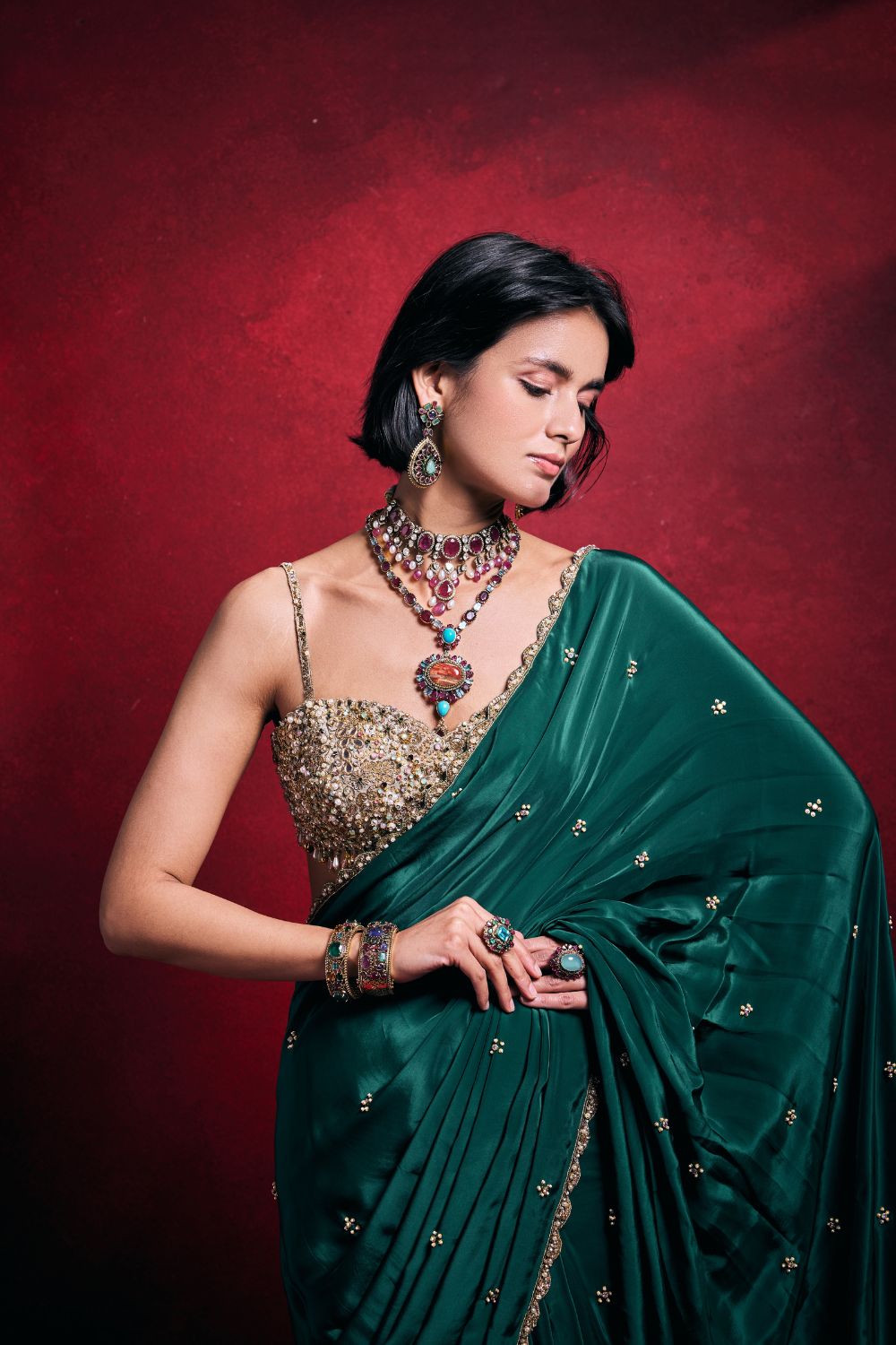 EMERALD GREEN CREPE SAREE SET