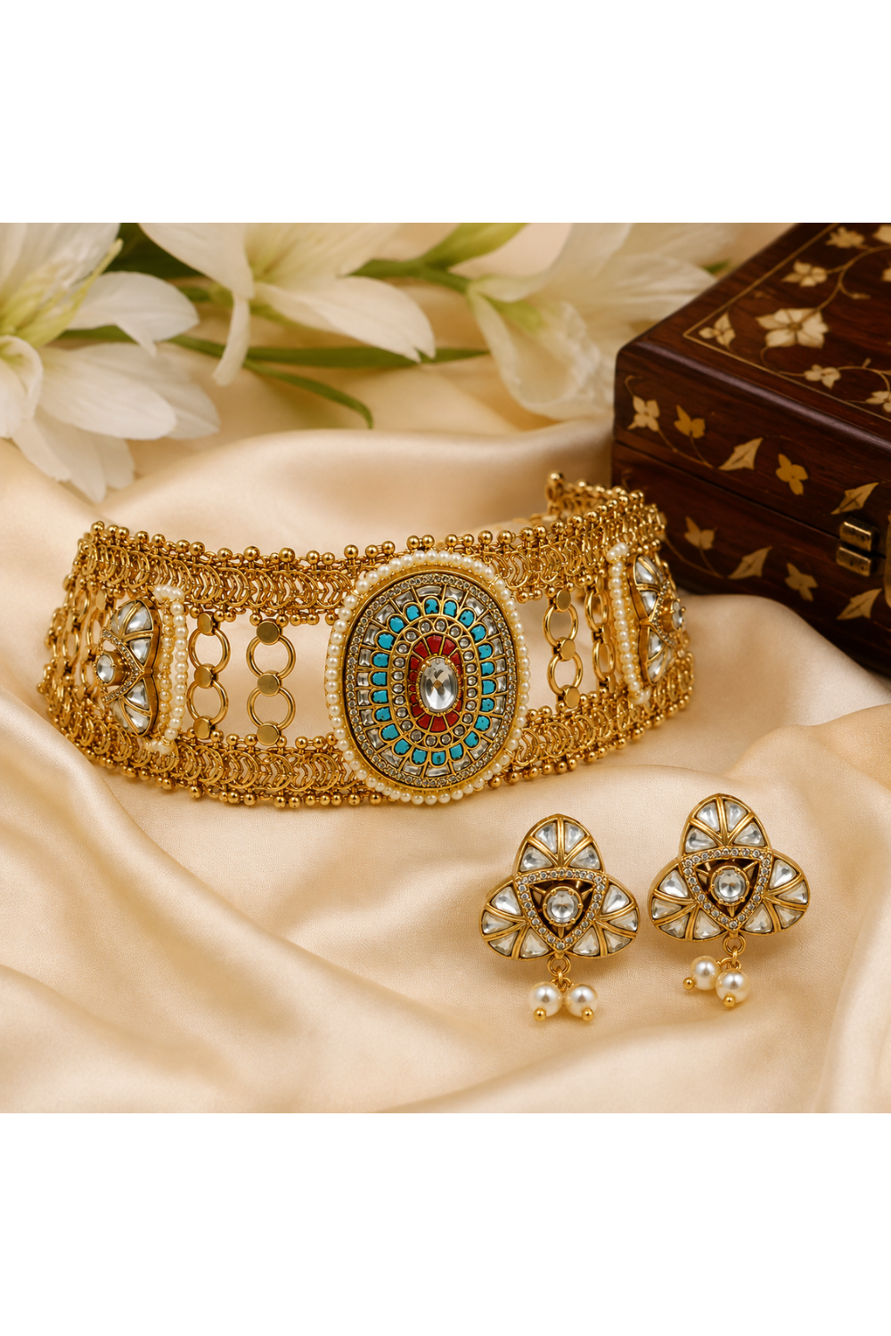 Multicoloured  Handcrafted Jadau Kundan Choker Set with Pearl Accents