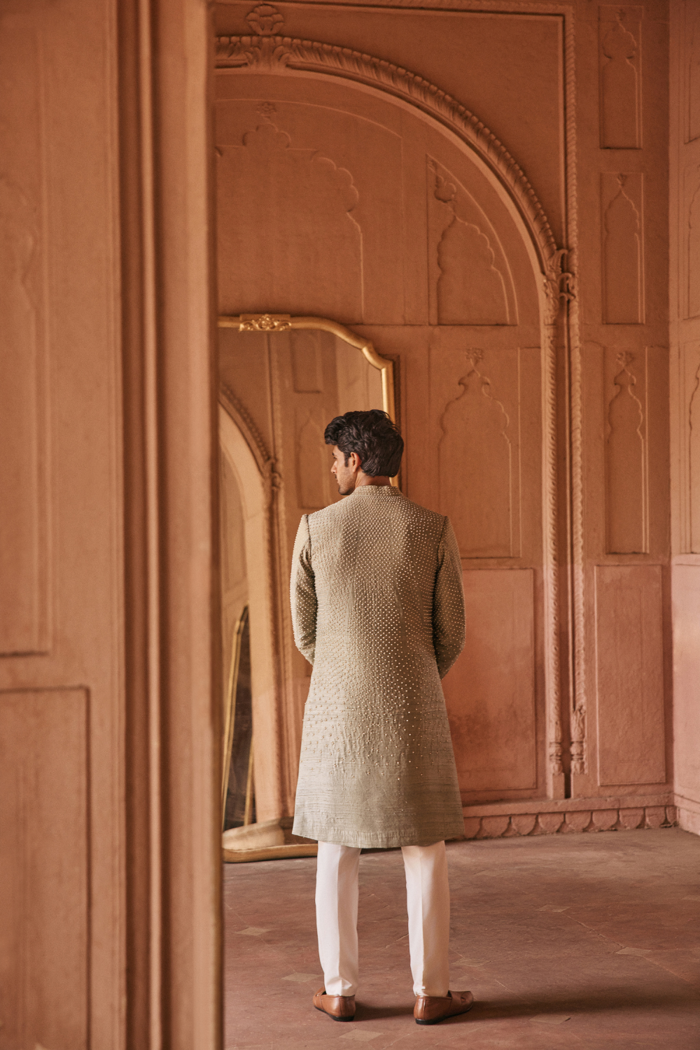 Sage green, raw silk, zari, sherwani ensemble