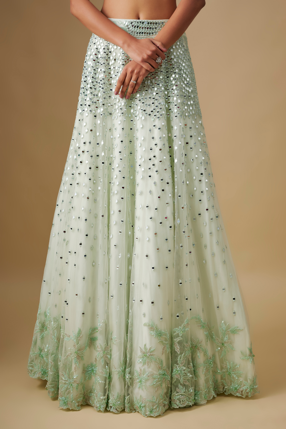 Thundra- Mint Lehenga Blouse with dupatta cape
