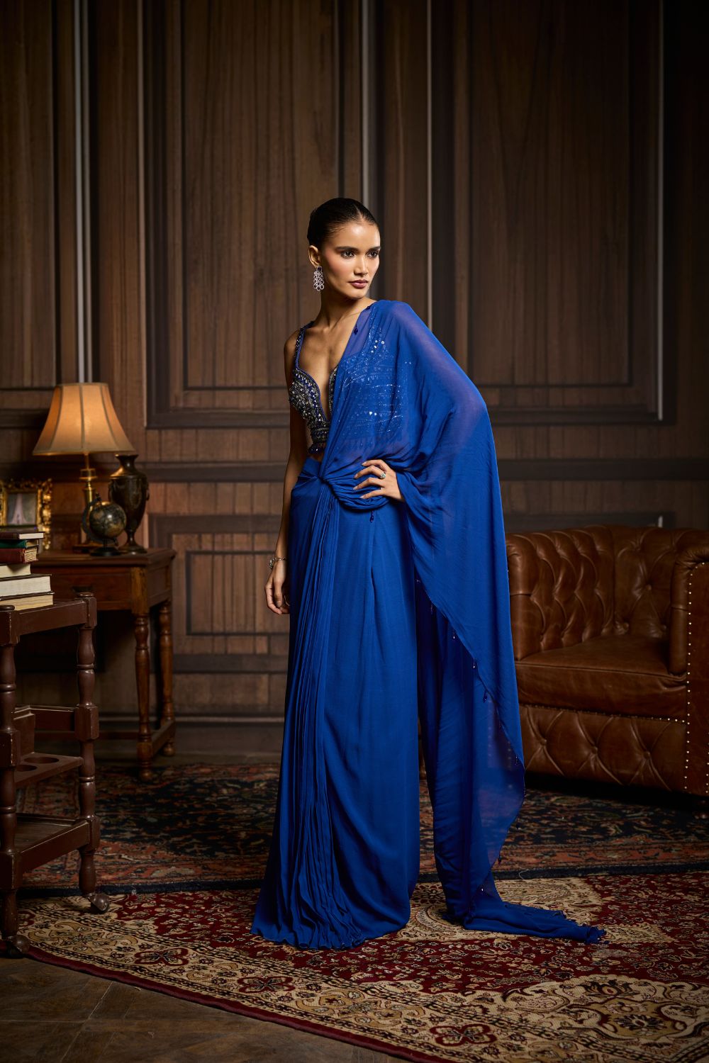 ELECTRIC BLUE EMBELLISHED BLOUSE AND PRE-DRAPED SKIRT SAREE SET
