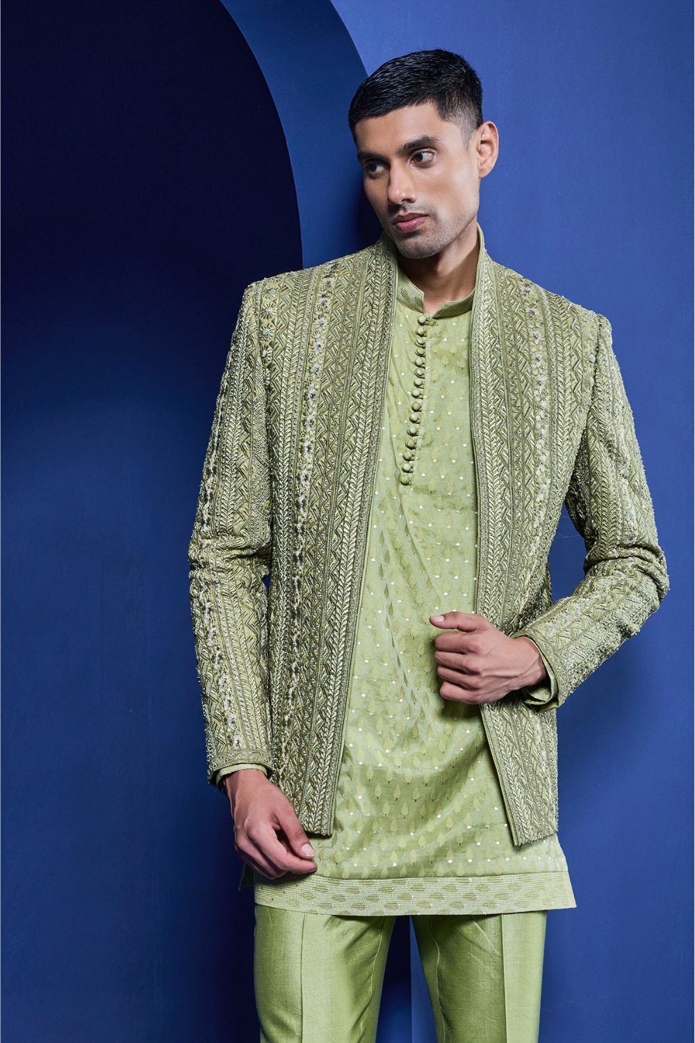 Green open bandhgala   with thread , sequins & pearl  work