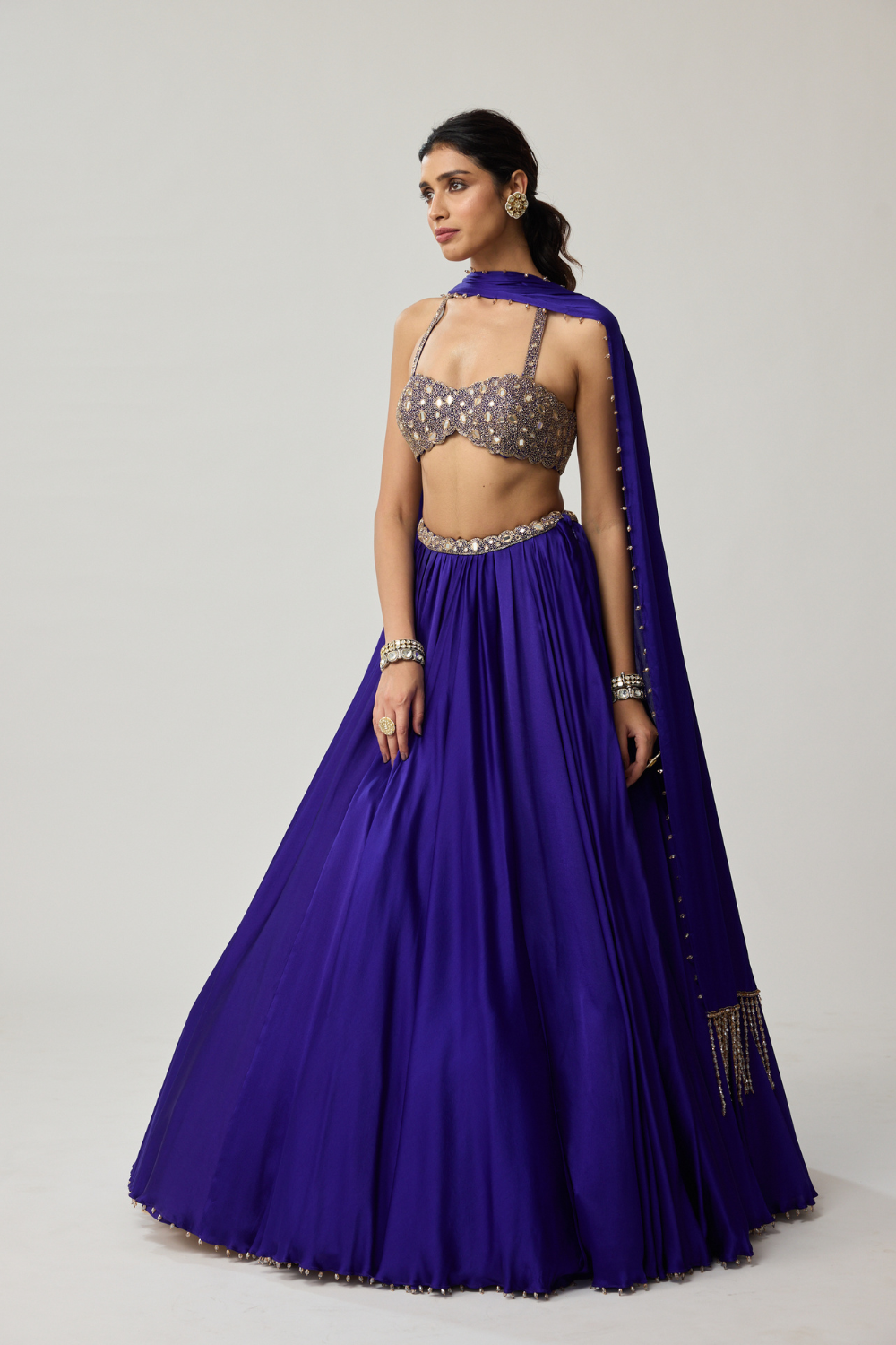 Persian Blue Mirror Satin Lehenga Set