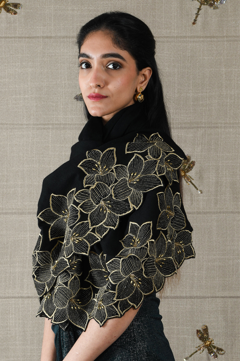 Midnight Bloom | Embroidered Wool Silk Stole – Black