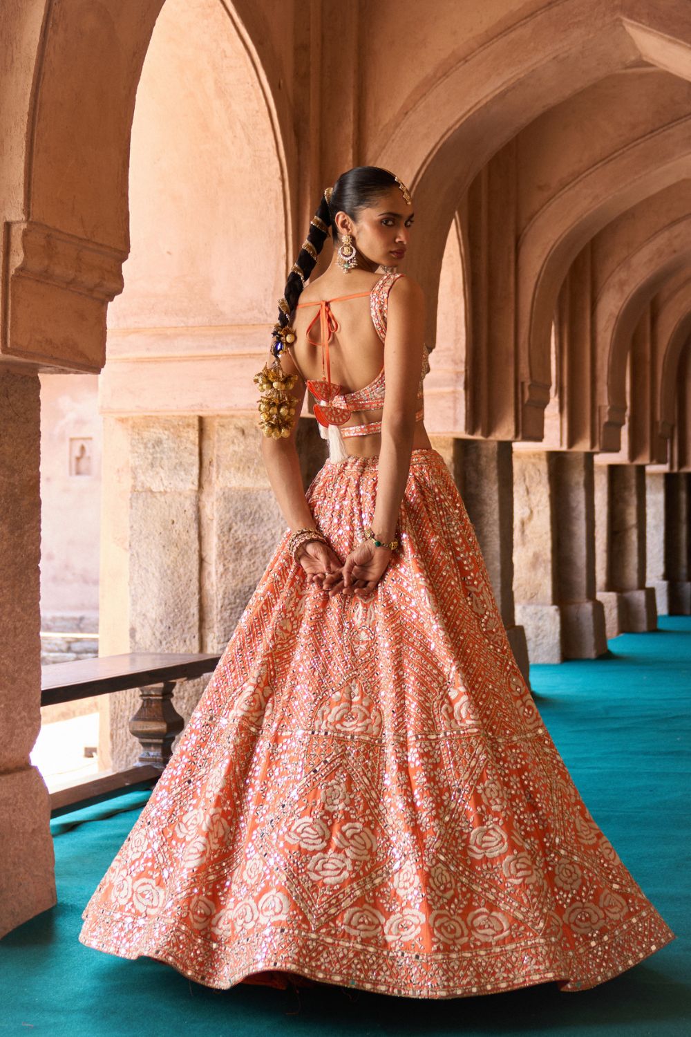 SURAJ — Orange Raw Silk Lehenga Set