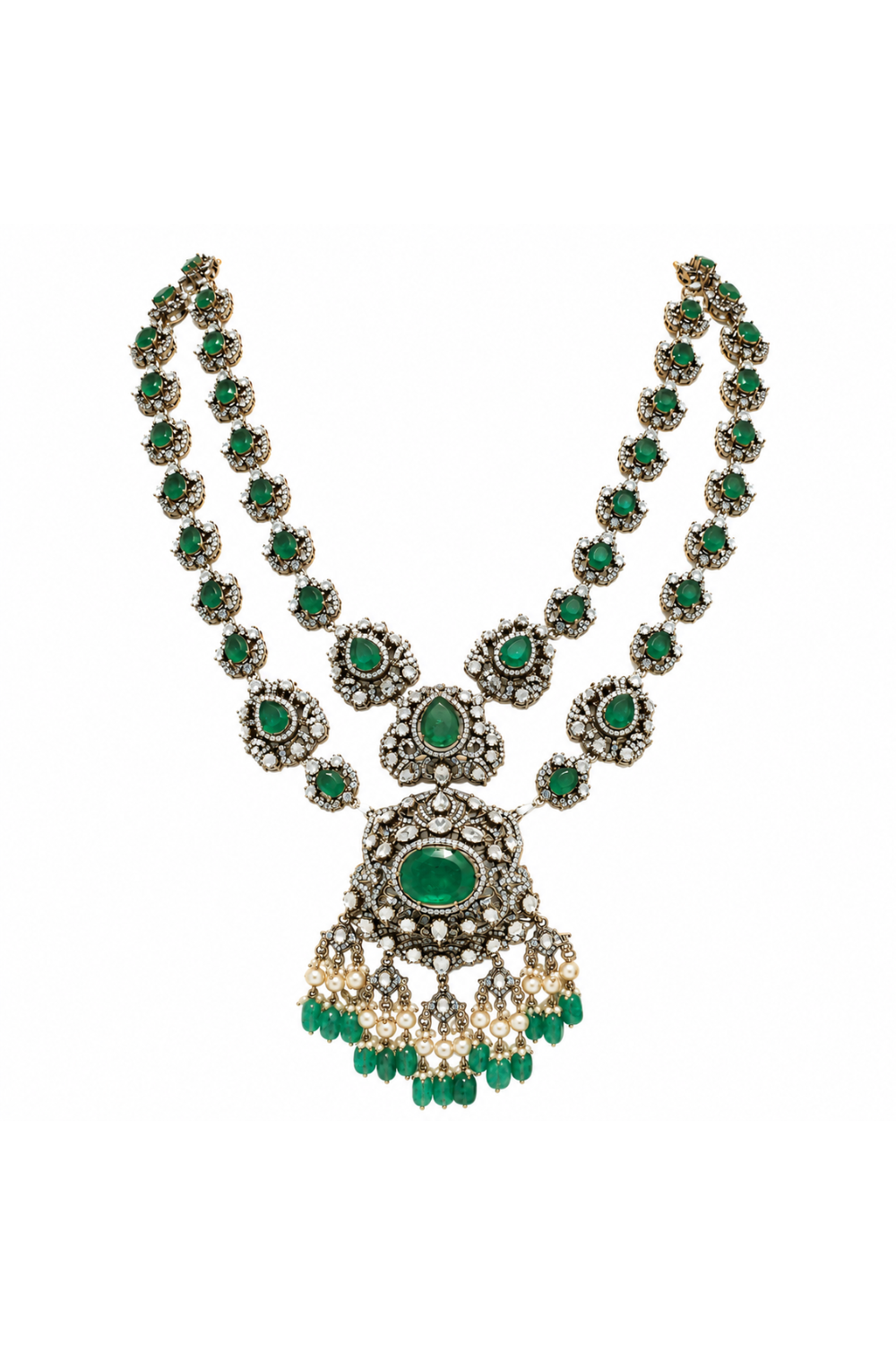 Emerald Moissanite Polki Long Two-Layered Necklace Set